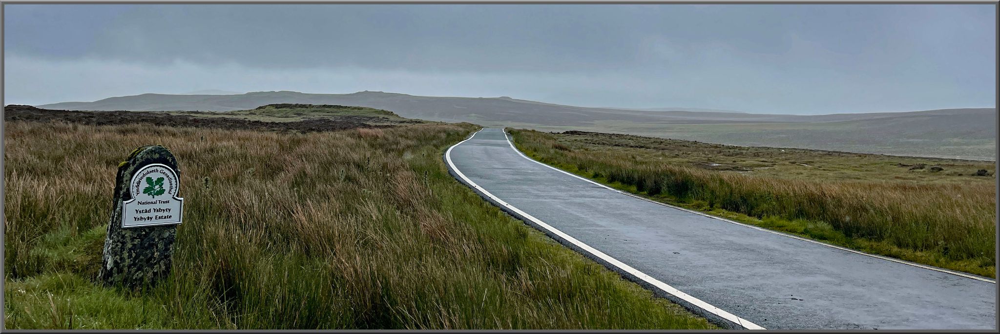 Cycling Migneint Pass, Wales National Park sign on side of one-lane road, tall grass