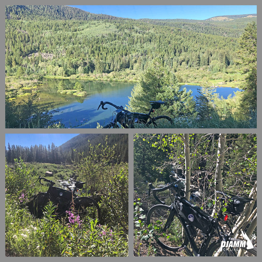 Cycling Independence Pass from Aspen, Colorado - photo collage, PJAMM Cycling logo in corner, bike parked in brush looking over the Target Reservoir and in brush and wildflowers along the roadway near Roaring Fork River