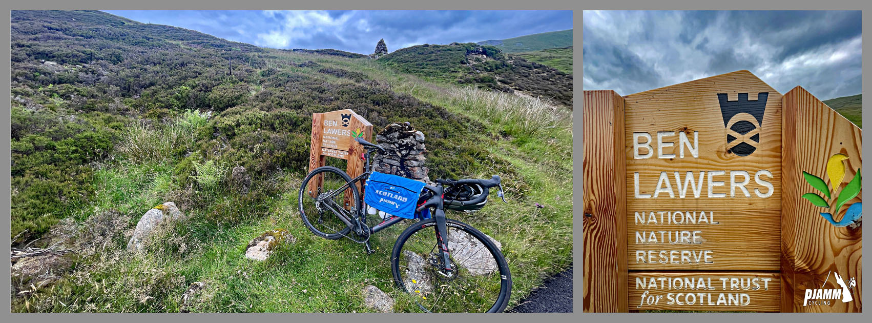 bike parked at climb's finish against wooden sign for Ben Lawers National Nature Reserve