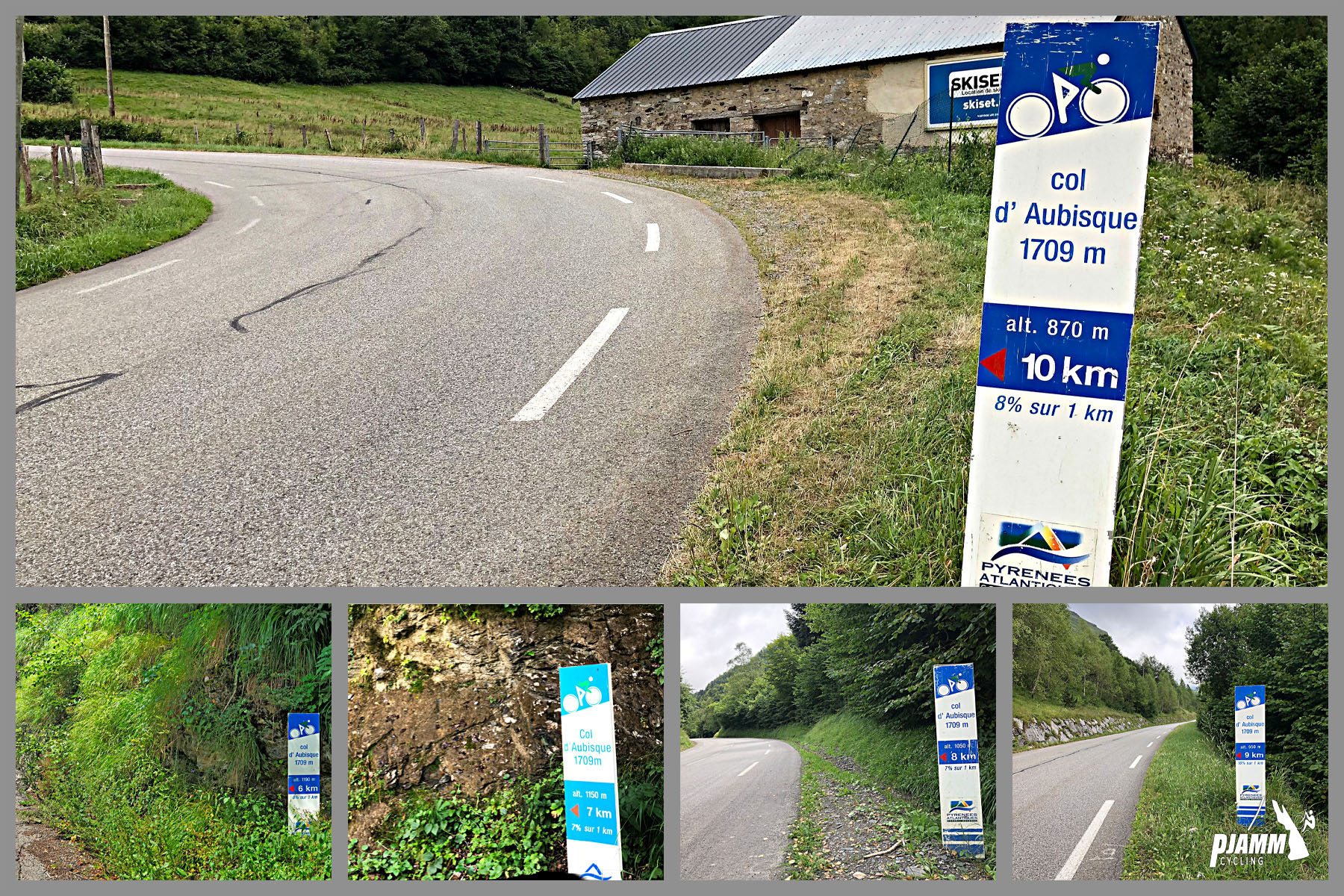 Cycling Col d’Aubisque from Laruns - photo collage of KM Markers throughout the climb