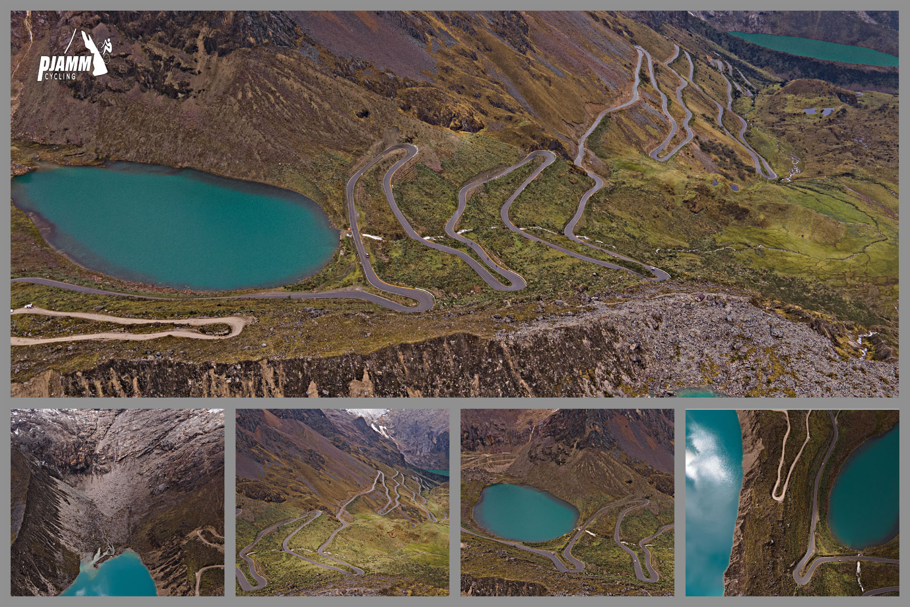 Cycling Punta Olimpica East, Peru - photo collage shows multiple views of glacially formed lakes, Beluande and Cancaraga; bright blue lakes with the roadway leading up and past them