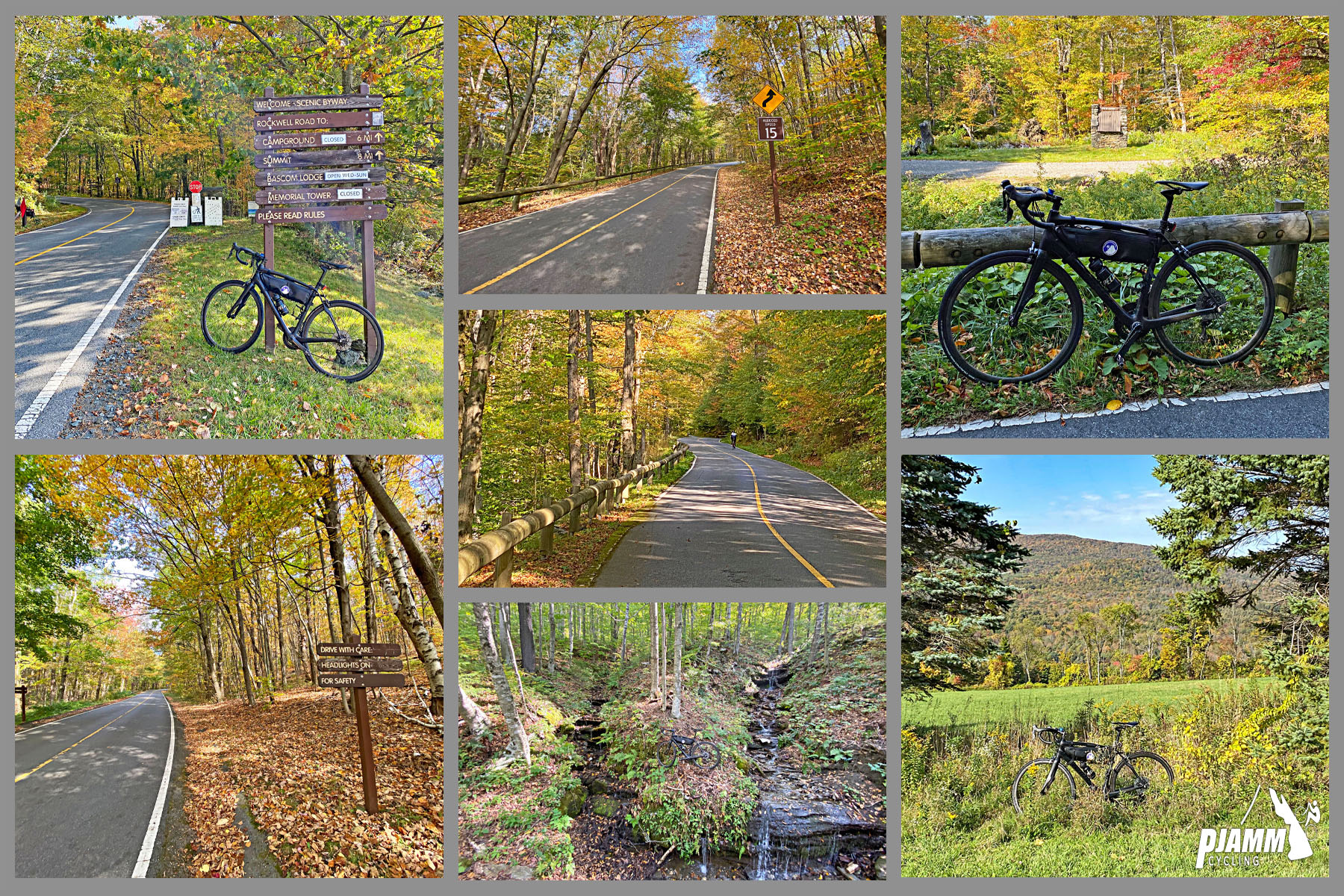 Cycling Mt. Greylock South, Massachusetts - photo collage, bike parked along various spots along the middle third of the climb, two lane well paved road covered in dense fall foliage, PJAMM Cycling logo in corner