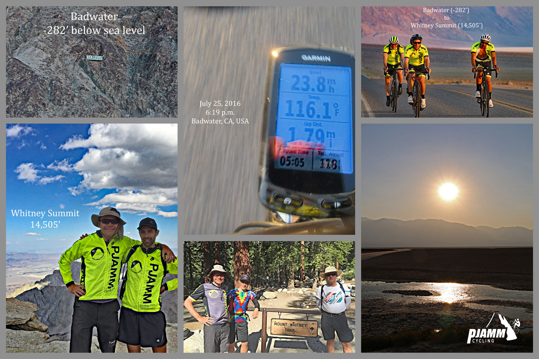Cycling Death Valley National Park, California Cycling Death Valley National Park, California - PJAMM Cyclists riding Death Valley in July, Garmin device reads temperature at 116.1 degrees