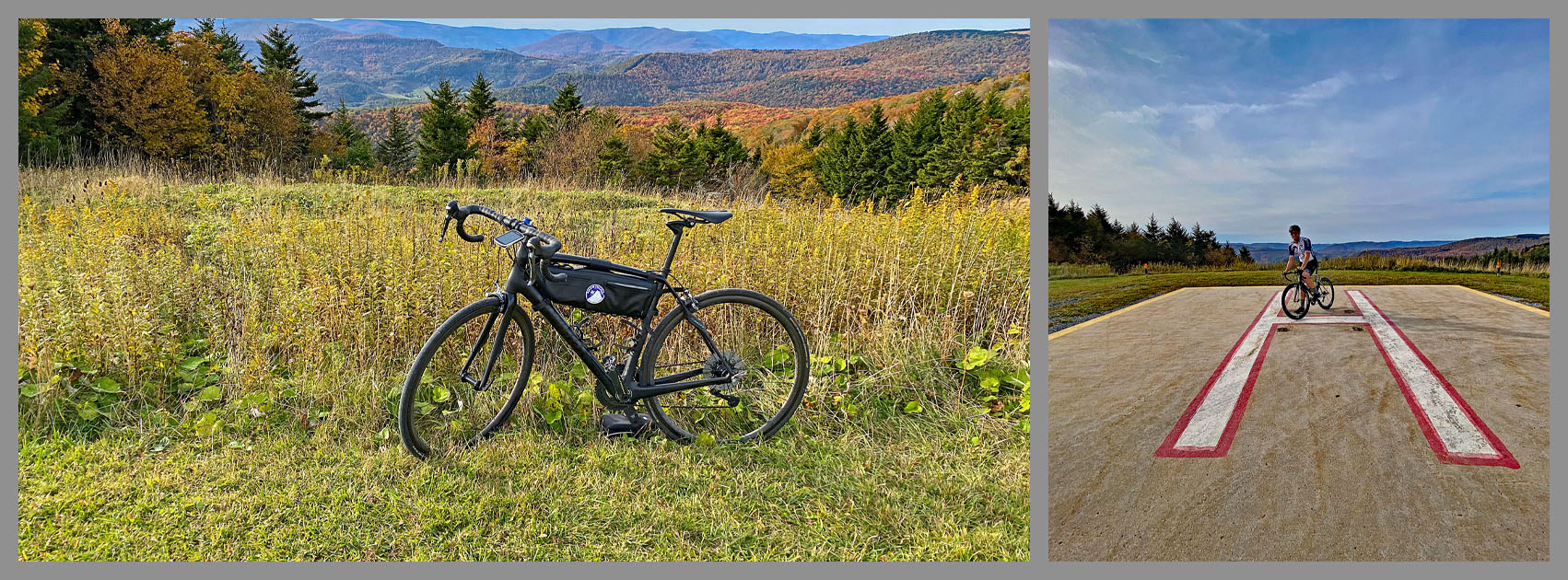 Cycling Snow Shoe Drive East, West Virginia - bike parked in tall grass and along road at Snowshoe Ski Resort