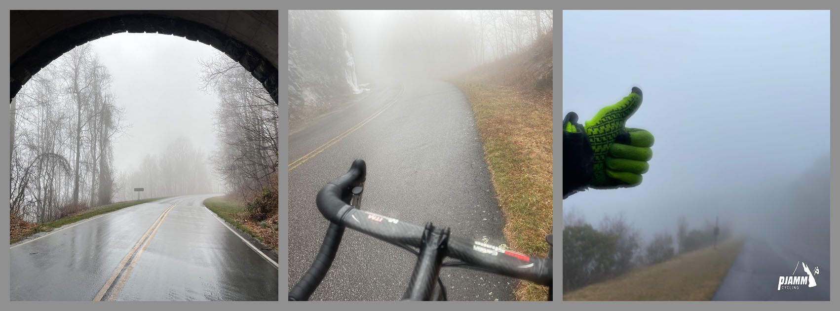First day of bike climb on Blue Ridge Parkway, photo collage shows pouring rain, foggy conditions, slick roads, tunnel, low visibility