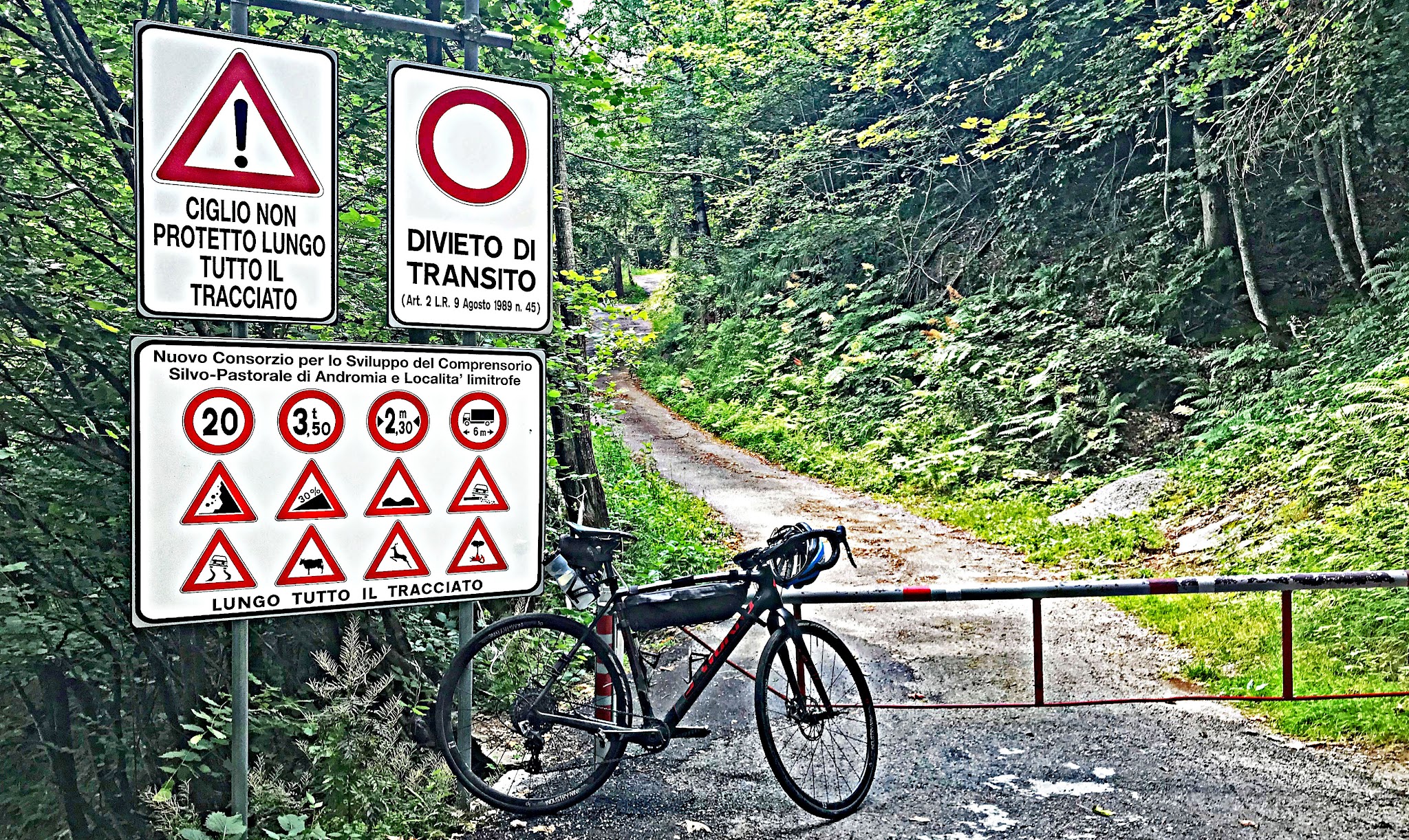 Cycling Top Italy Bike Climbs  - Alpe Fuori - bike against sign by gate, road, forest