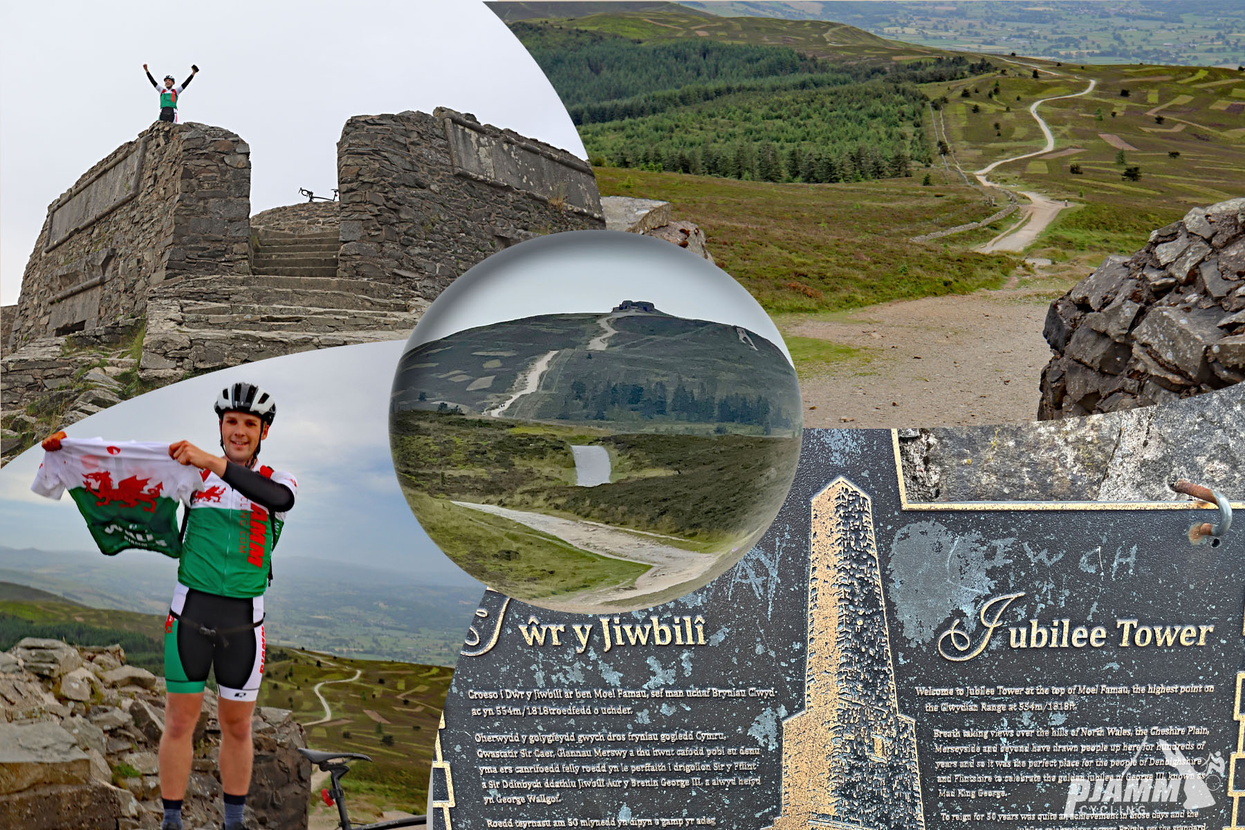 photo collage shows Jubilee Tower and descriptive plaque, PJAMM Cyclist Brad Butterfield at climb summit