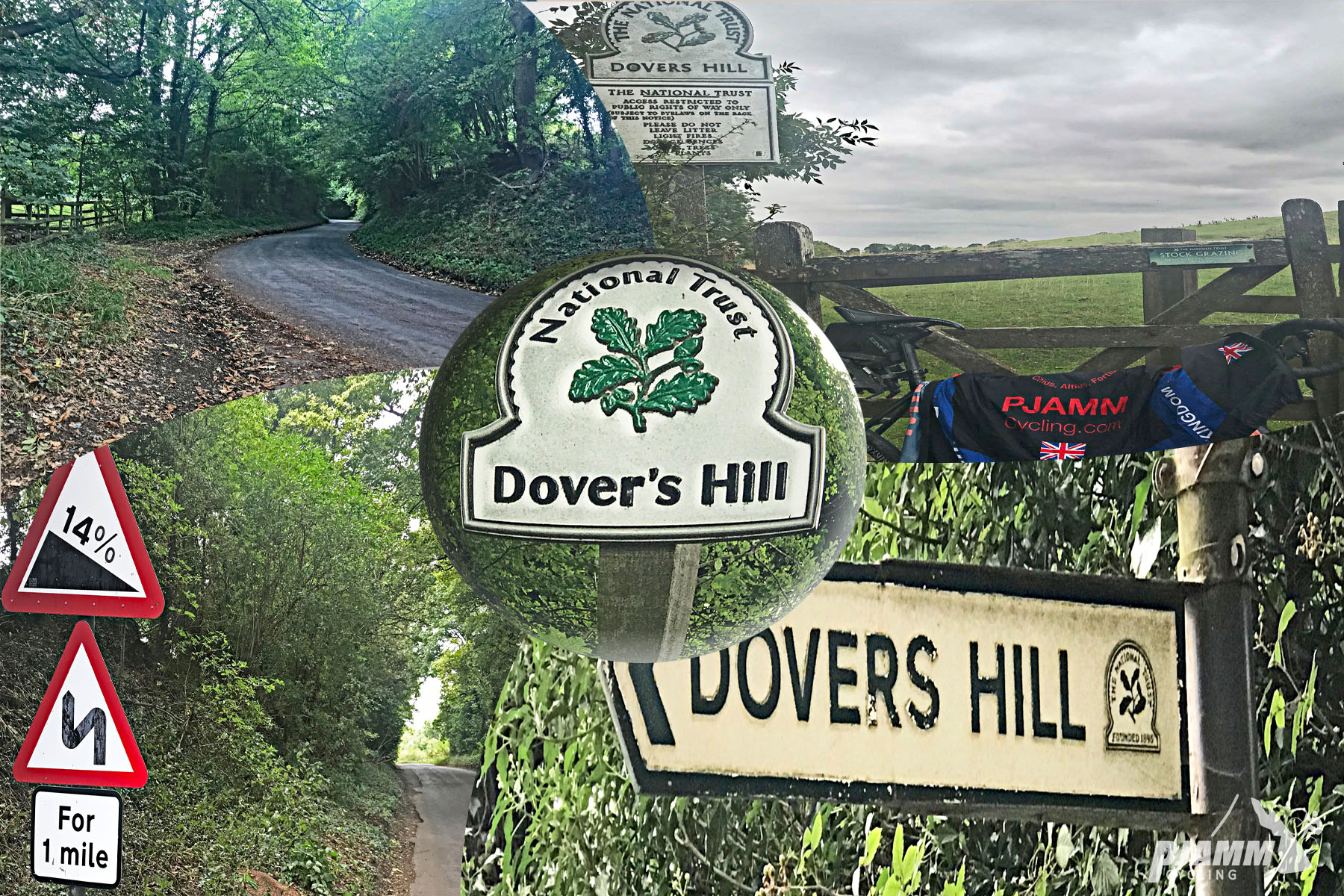 Cycling Dovers Hill - photo collage, signs for Dover's Hill, National Trust, 14% grade road sign, PJAMM Cycling jersey draped over bike leaning against wooden fence along pastureland
