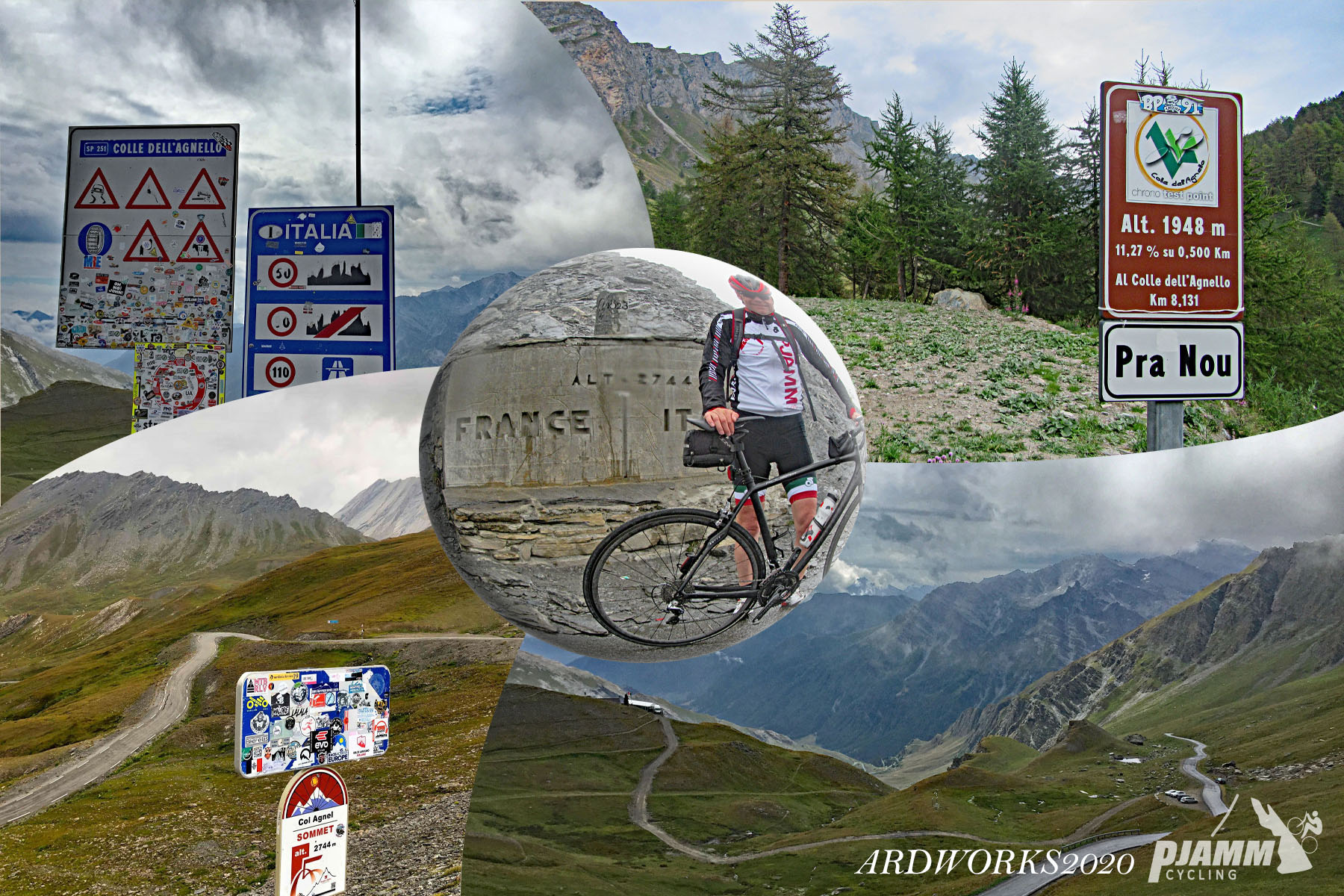 Cycling Colle dell’Agnello, France and Italy - photo collage, many road signs, mountain roadway, French and Italian Alps, PJAMM Cyclist standing with bike in front of sign for border of France and Italy, PJAMM Cycling logo in corner