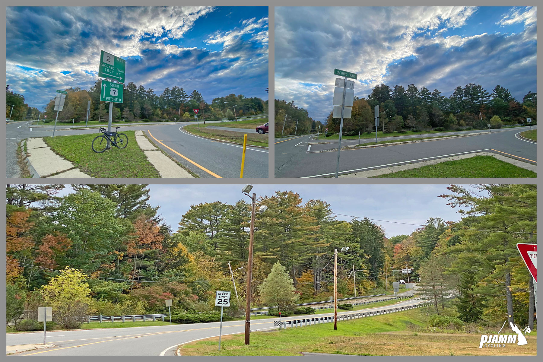 Cycling Petersburg Pass, Massachusetts - bike parked at interchange sign pointing straight for Petersburg Pass, start of climb