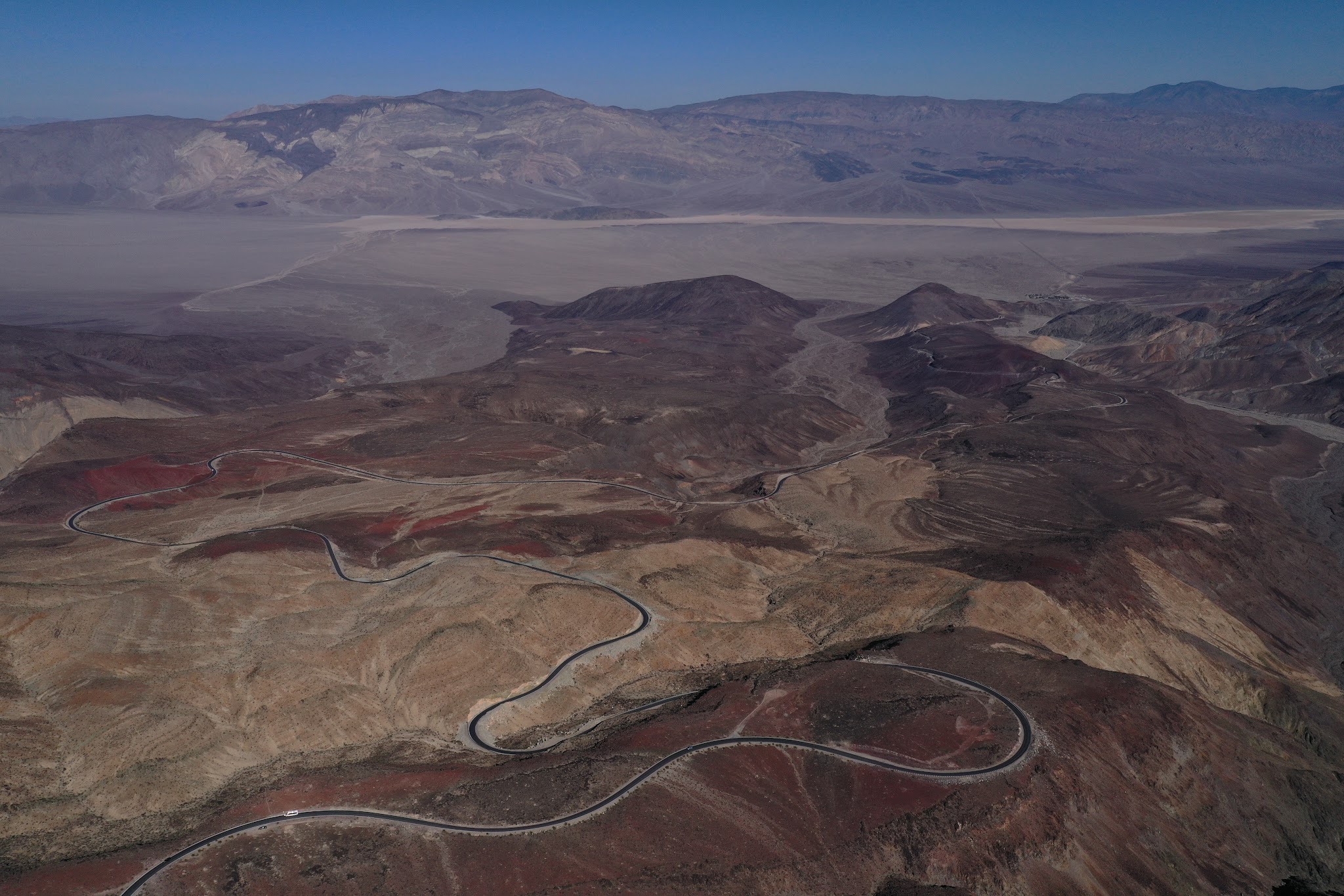 Bicycle ride Panamint Grade - aerial drone photo of road and colorful mountains