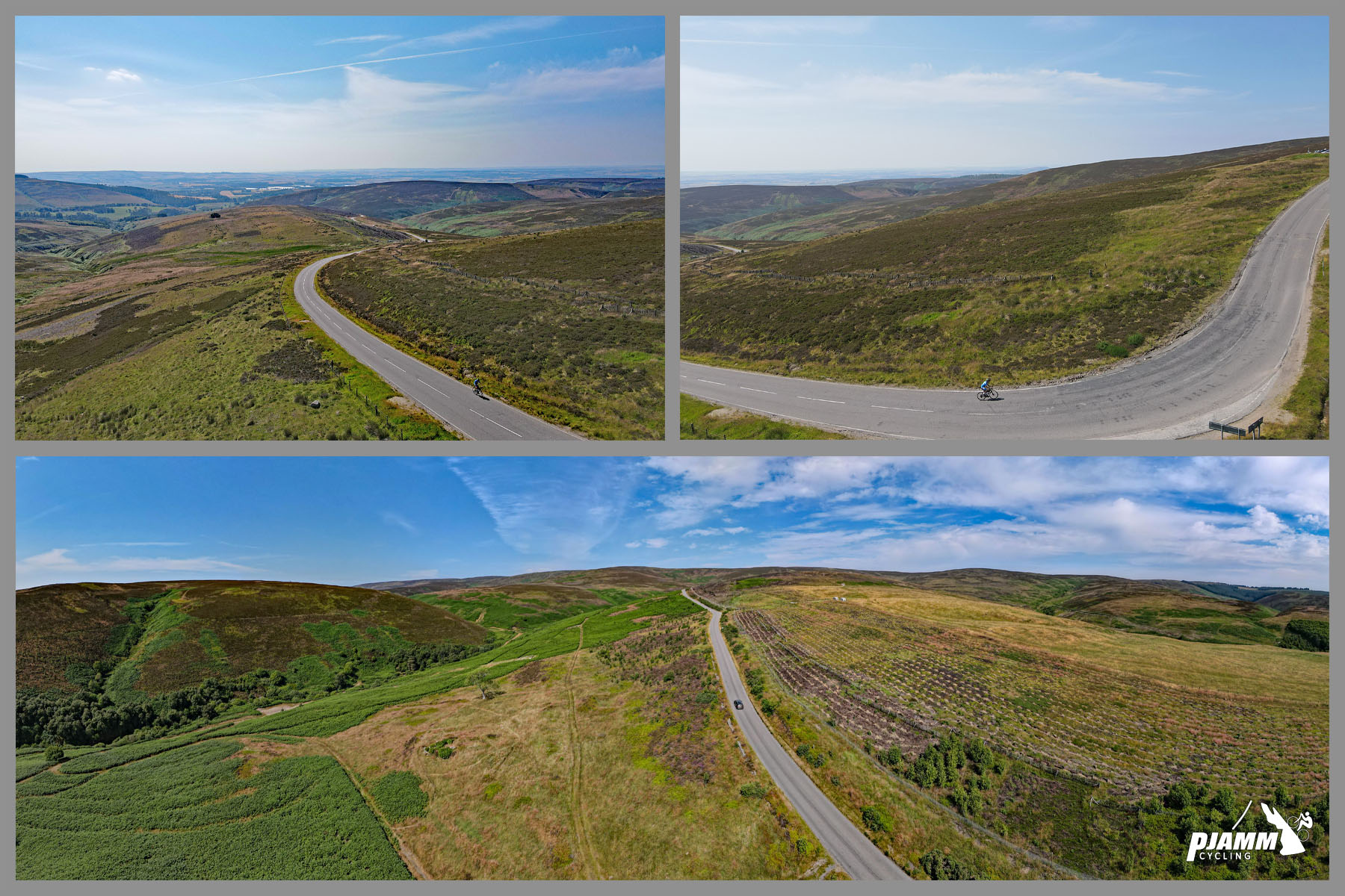 photo collage shows roadway stretching through wide open hillsides and country landscapes