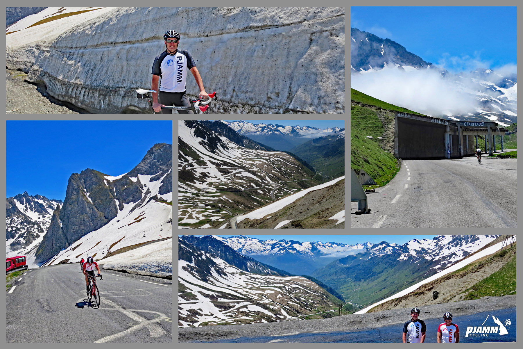 PJAMM Cyclists ride on roadway surrounded by hard packed snow in June 2013