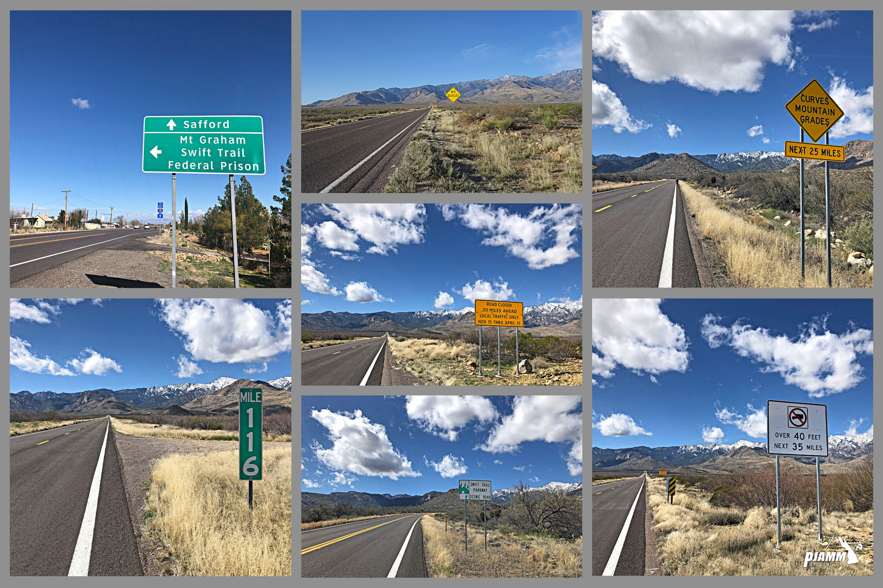 Cycling Mt. Graham, Arizona - various road signs at or near the beginning of the climb