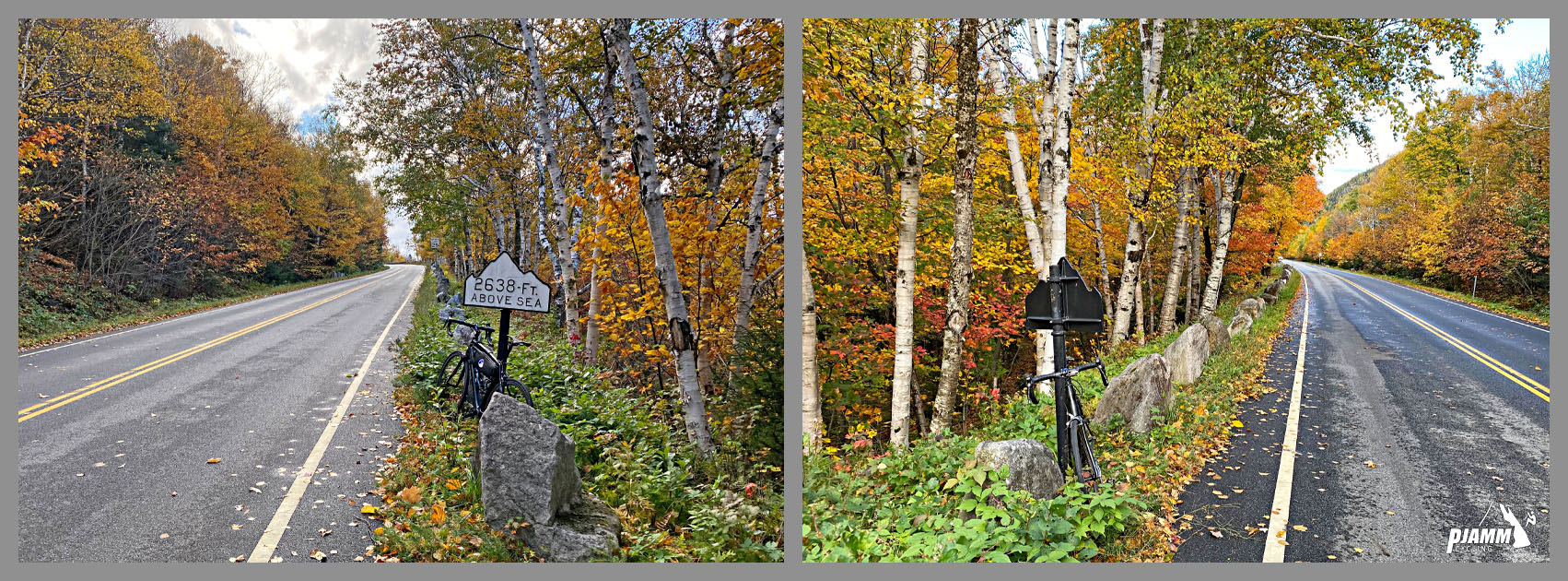 Cycling Whiteface Mountain, New York - bike parked along roadside next to white mountain shaped elevation marker sign, fall foliage