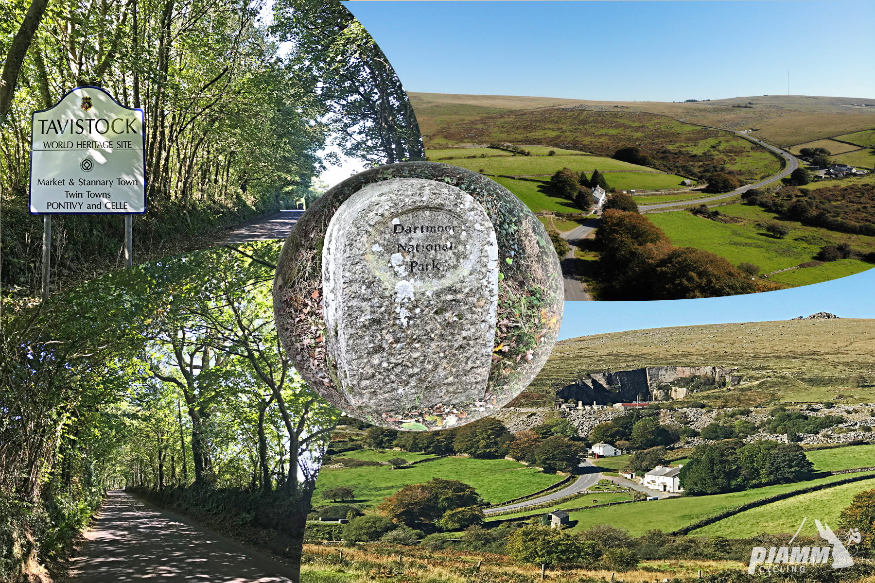 Cycling Rundlestone, England - photo collage, white sign for Tavistock Wrold Heritage Site Market & Stannary Town under dense tree foliage along roadside, aerial vies of pastureland, headstone looking old rock that says "Dartmoor National Park", PJAMM cycling logo in corner