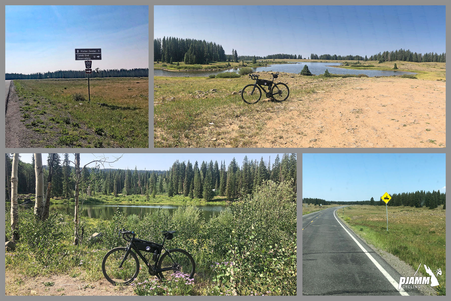 Cycling Grand Mesa North - photo collage, PJAMM Cycling logo in corner, bike parked overlooking pond near climb's finish, NPS sign for visitor's center and Lands End, stretch of long, flat, straight roadway