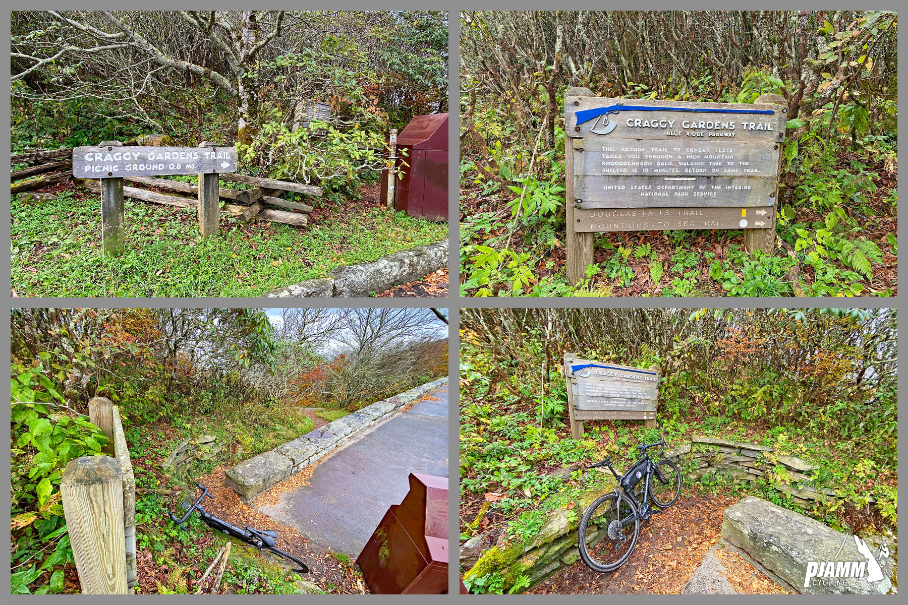 Cycling Blue Ridge Parkway to Craggy Gardens - bike parked at the trailhead for Craggy Gardens Trail