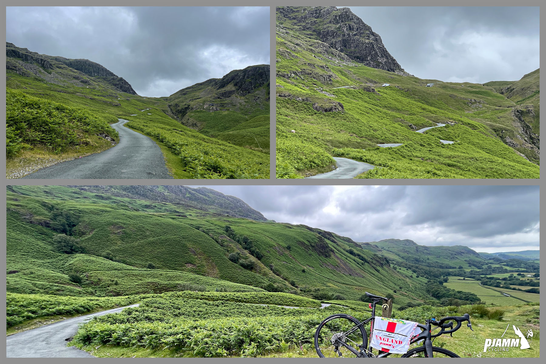 photo collage; PJAMM Cycling bike parked against roadside, lush green landscape
