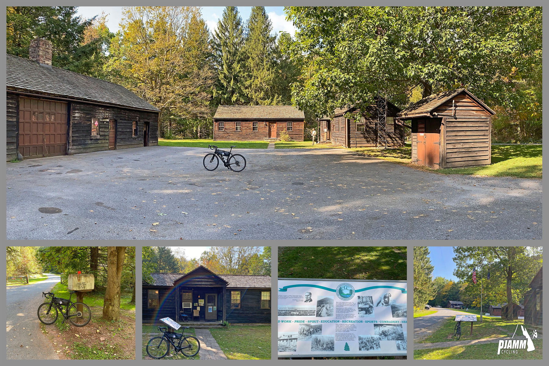Cycling Pavia Road, Blue Knob State Park, Pennsylvania - bike parked in center of old historical dark wood buildings at Blue Knob State Park Headquarters, informational signs, PJAMM Cycling logo in corner