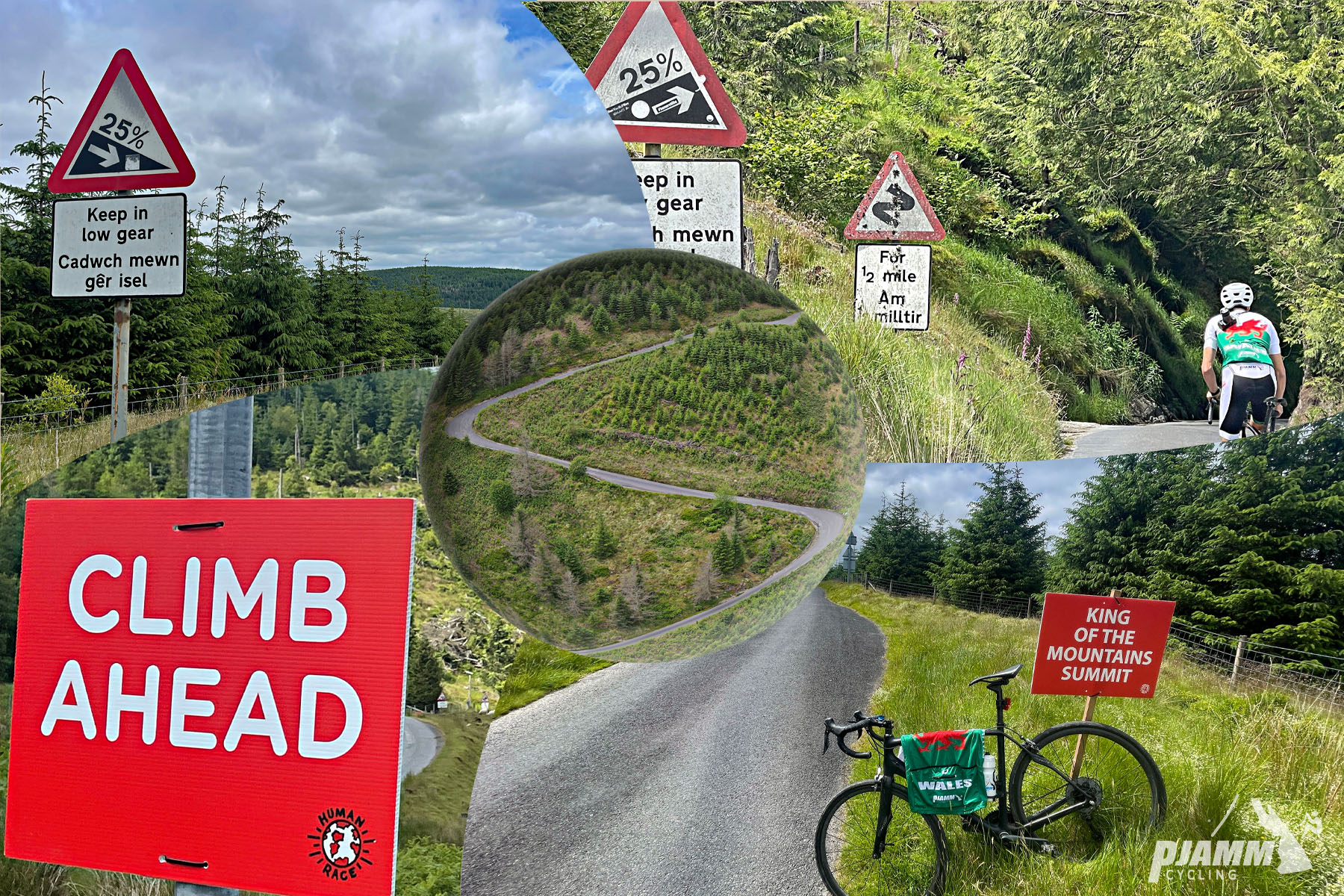 photo collage shows signs along the roadway warning of 25% grades, falling rocks, climb ahead