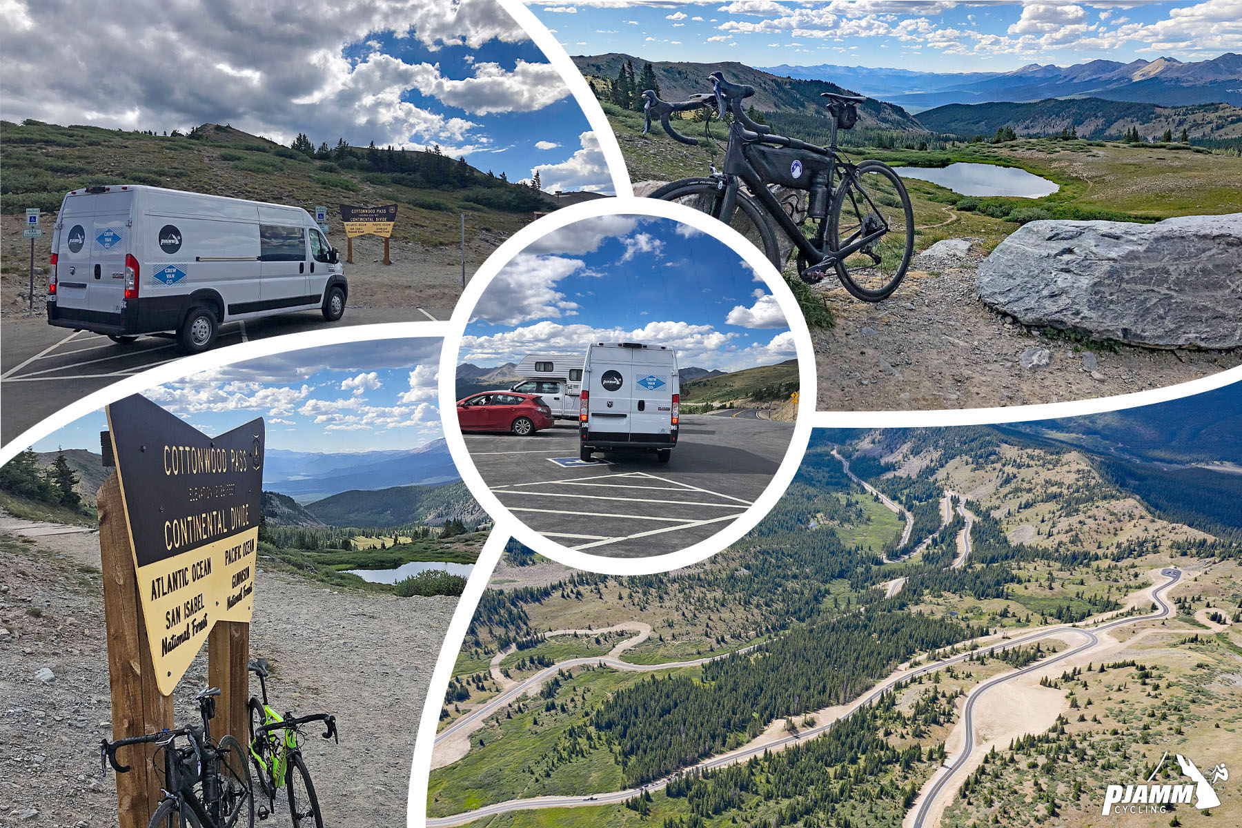 Cycling Cottonwood Pass, Taylor Camp, Colorado - photo collage, PJAMM Cycling logo in corner, PJAMM Cycling's white SAG van parked in parking lot, bike parked against NPS sign for Cottonwood Pass & Continental Divide, bike parked against rock overlooking a pond, aerial view of roadway snaking up hillside