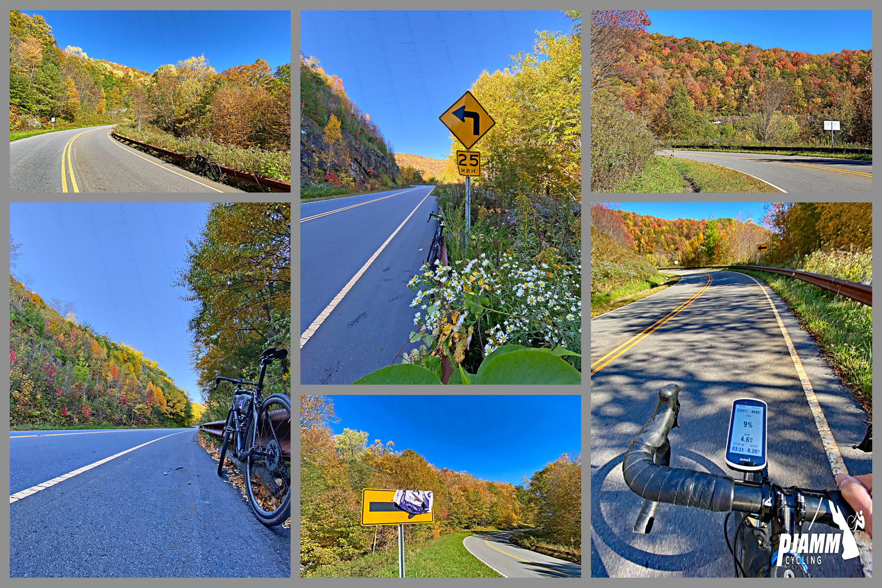 Cycling Cherohala Skyway, North Carolina - view along the two-lane highway roadway, PJAMM Cycling logo in corner