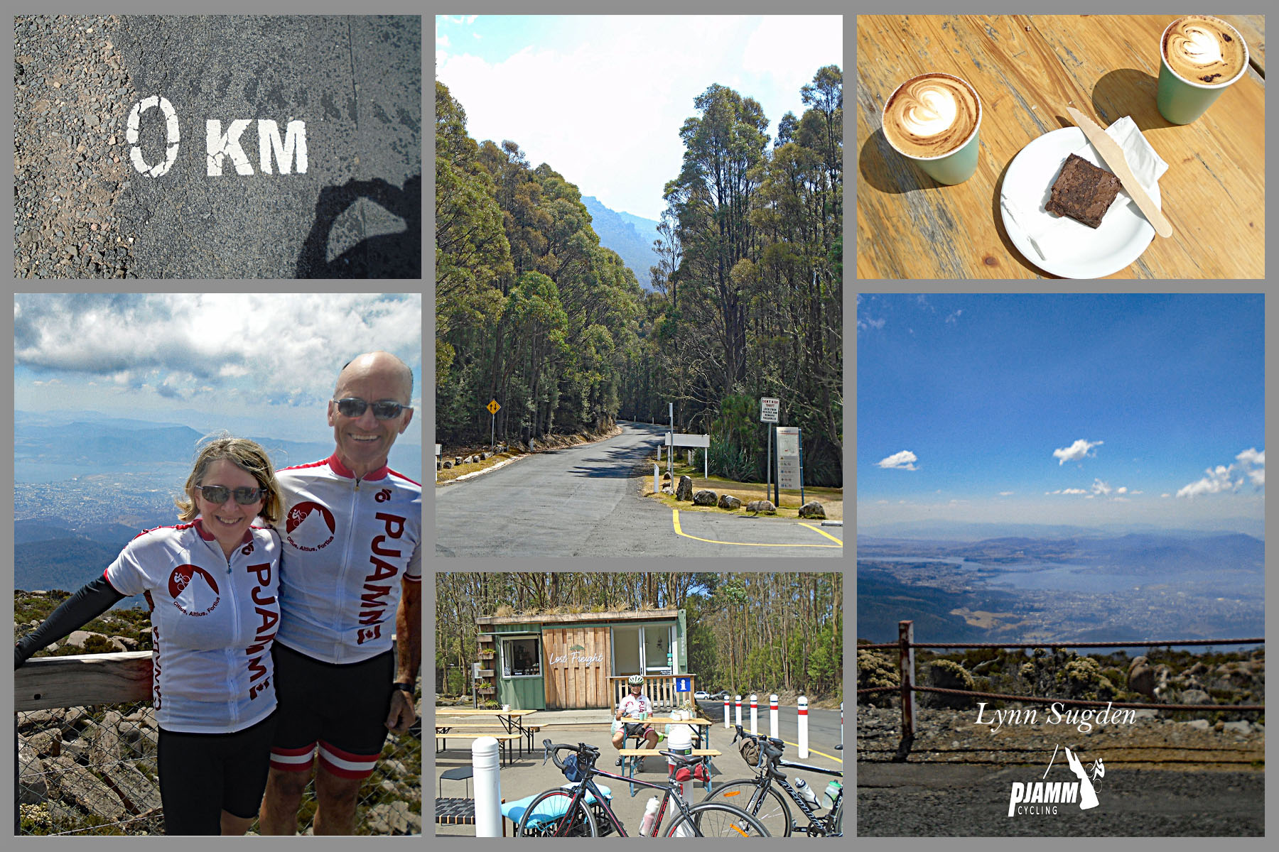 photo collage; 0 km marker, PJAMM Cyclists stand at summit of climb; coffee and pastries at summit