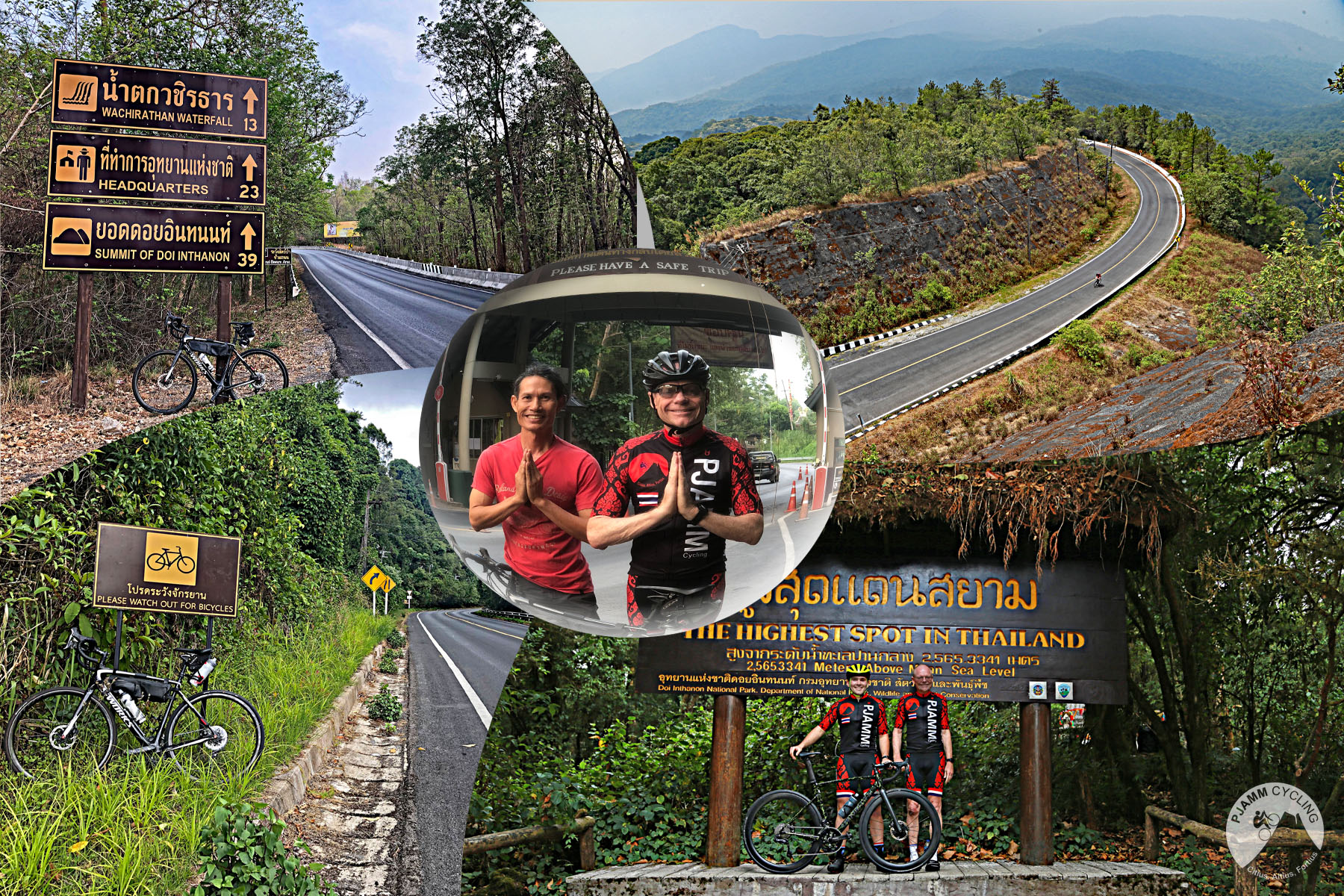 Bicycle ride up Doi Inthanon - roadway,  roadway sign with bike leaning against it - mountains in background