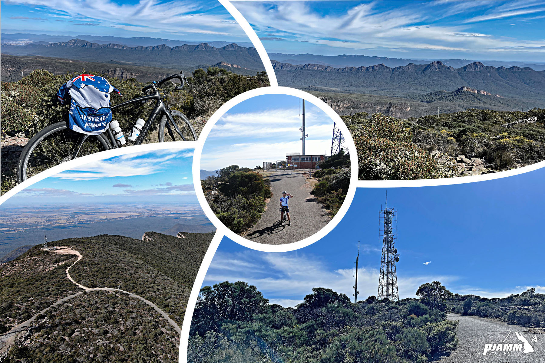 photo collage shows aerial drone view of roadway on mountain top; PJAMM Cyclist stands with bike in center of roadway; electrical tower; PJAMM Australia jersey