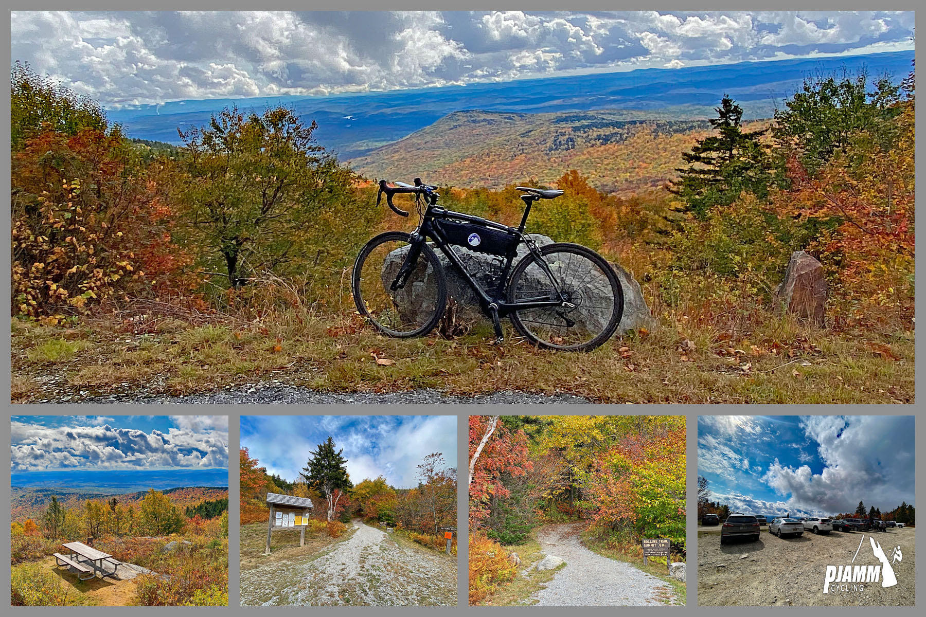 Cycling Kearsarge Mountain Road, New Hampshire - bike parked against a large rock overlooking gorgeous panoramic views down hillside covered with dense fall foliage, picnic benches, hiking trails, PJAMM Cycling logo in corner