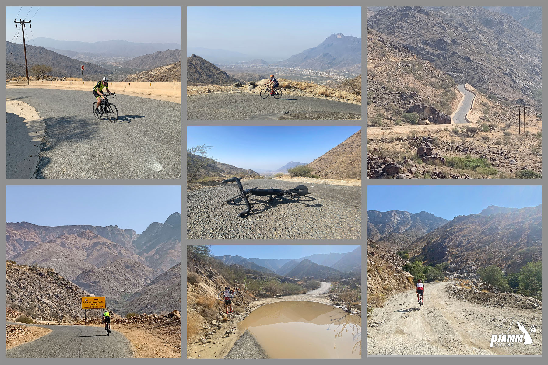Cycling Sinan Road (Al Meger), Saudi Arabia - photo collage shows views along the roadway as two PJAMM Cyclists climb this epic cycling climb