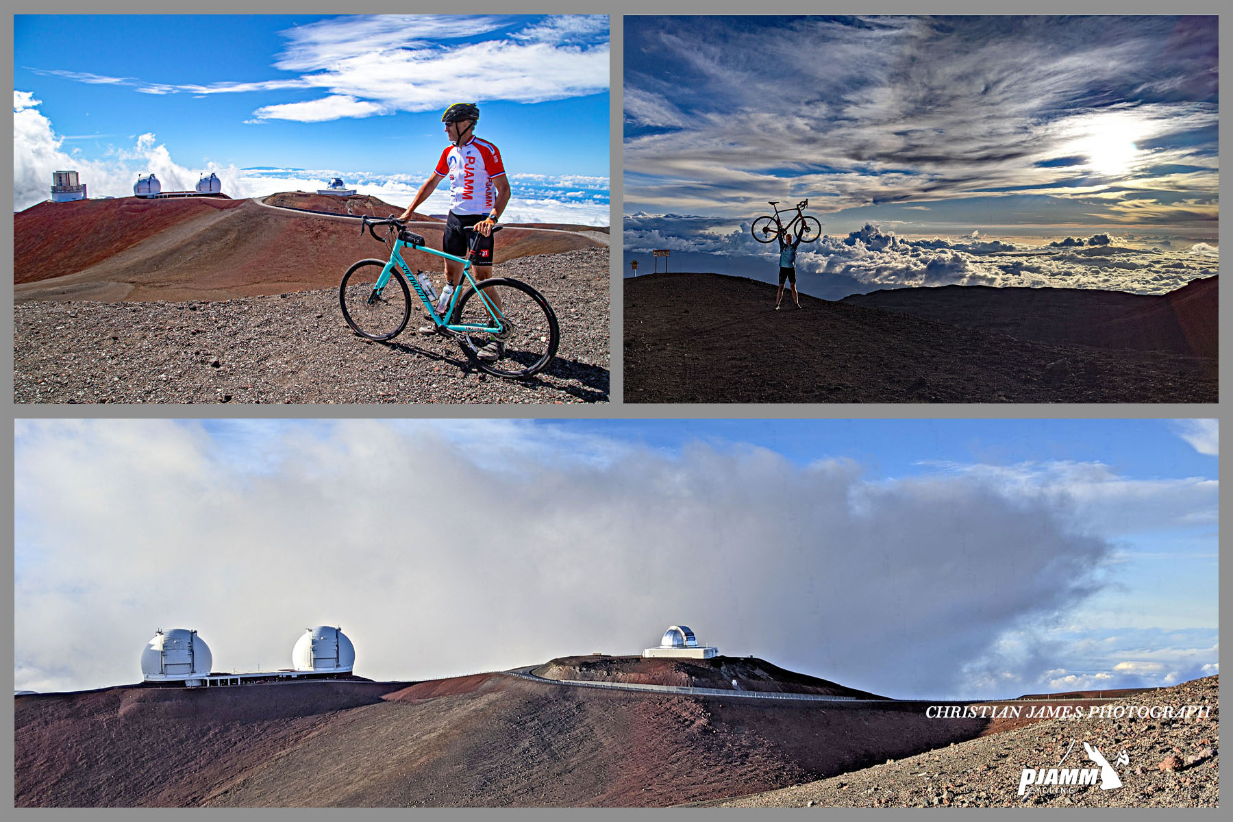 Cycling Mauna Kea from the West  - PJAMM Cyclists at climb finish, observation center behind them