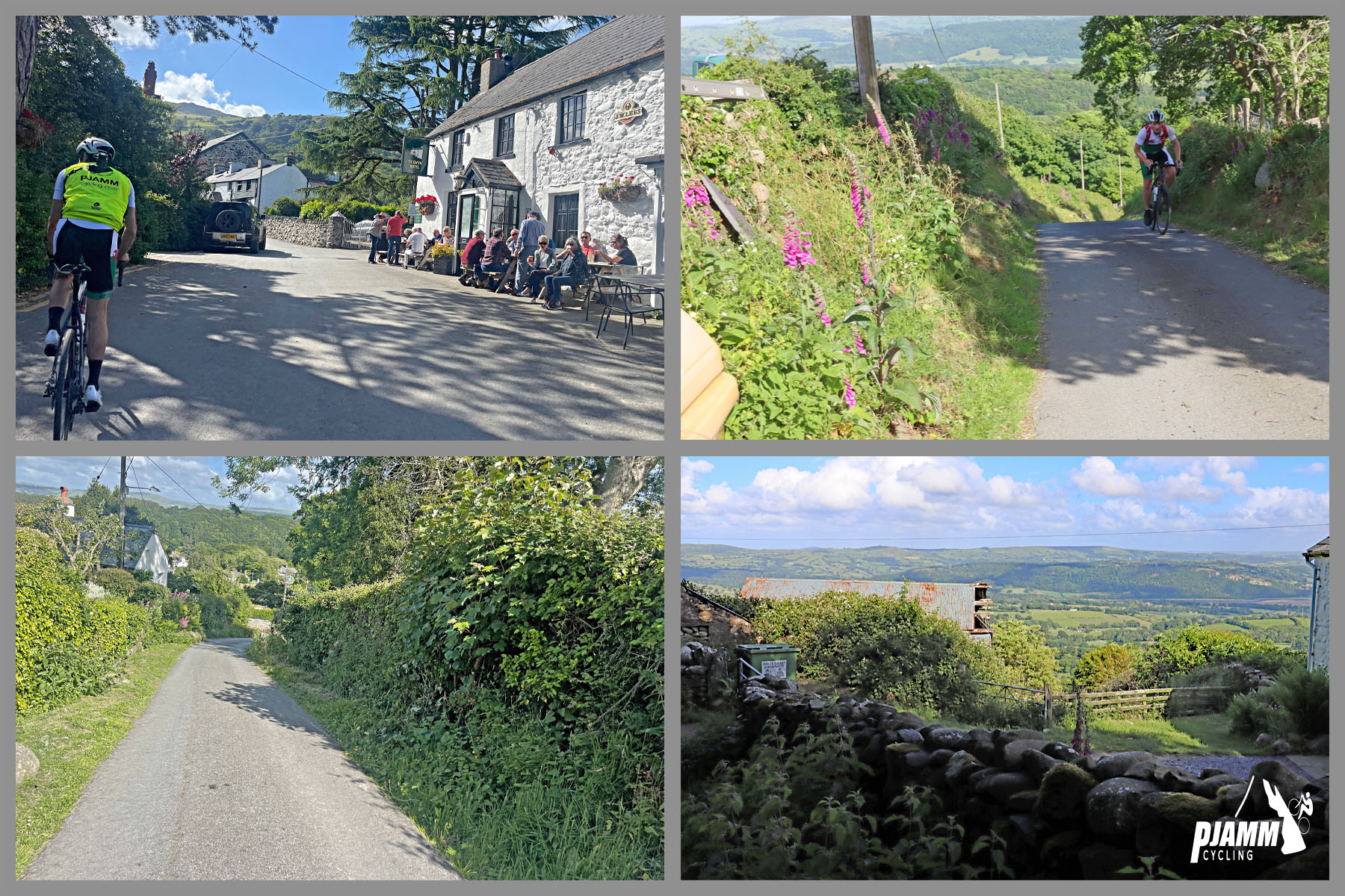 photo collage, wildflowers, stone walls, stone buildings, greenery-lined roadways, and other views along the climb