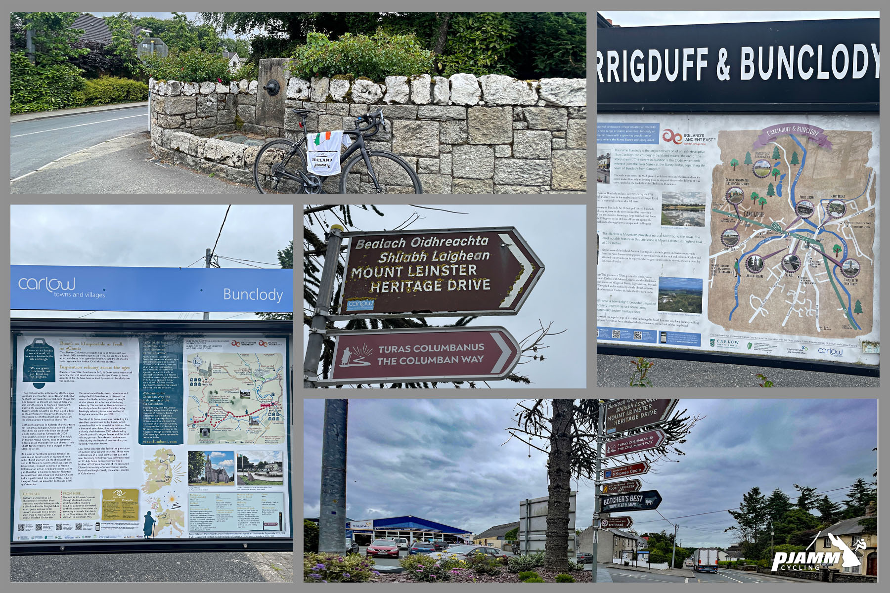 parking in Bunclody at the start of ride; bike parked against stone wall, street signs and informational signs for Mt. Leinster Heritage Drive