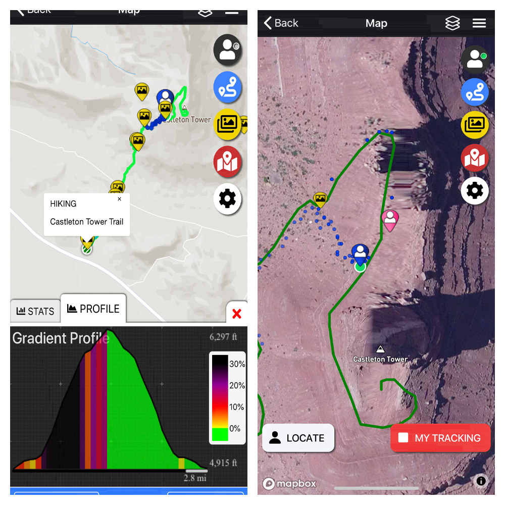 Cycling La Sal Loop Road at Castle Valley - gradient and map as seen on PJAMM adventure app