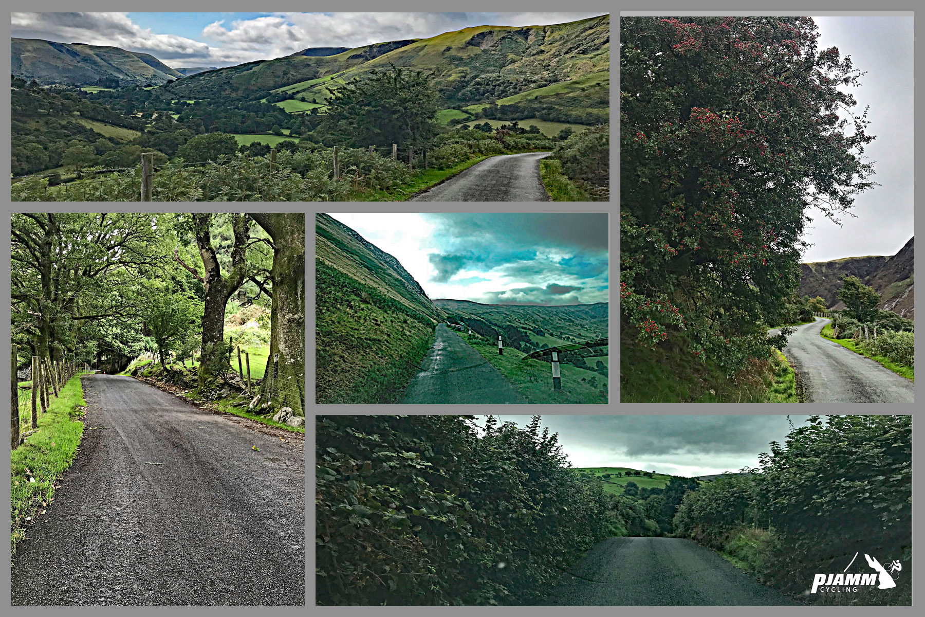 Cycling Bwlch y Groes - photo collage, panoramic view of green pastureland, lush greenery, narrow country one lane road, trees lining road, blue cloudy sky
