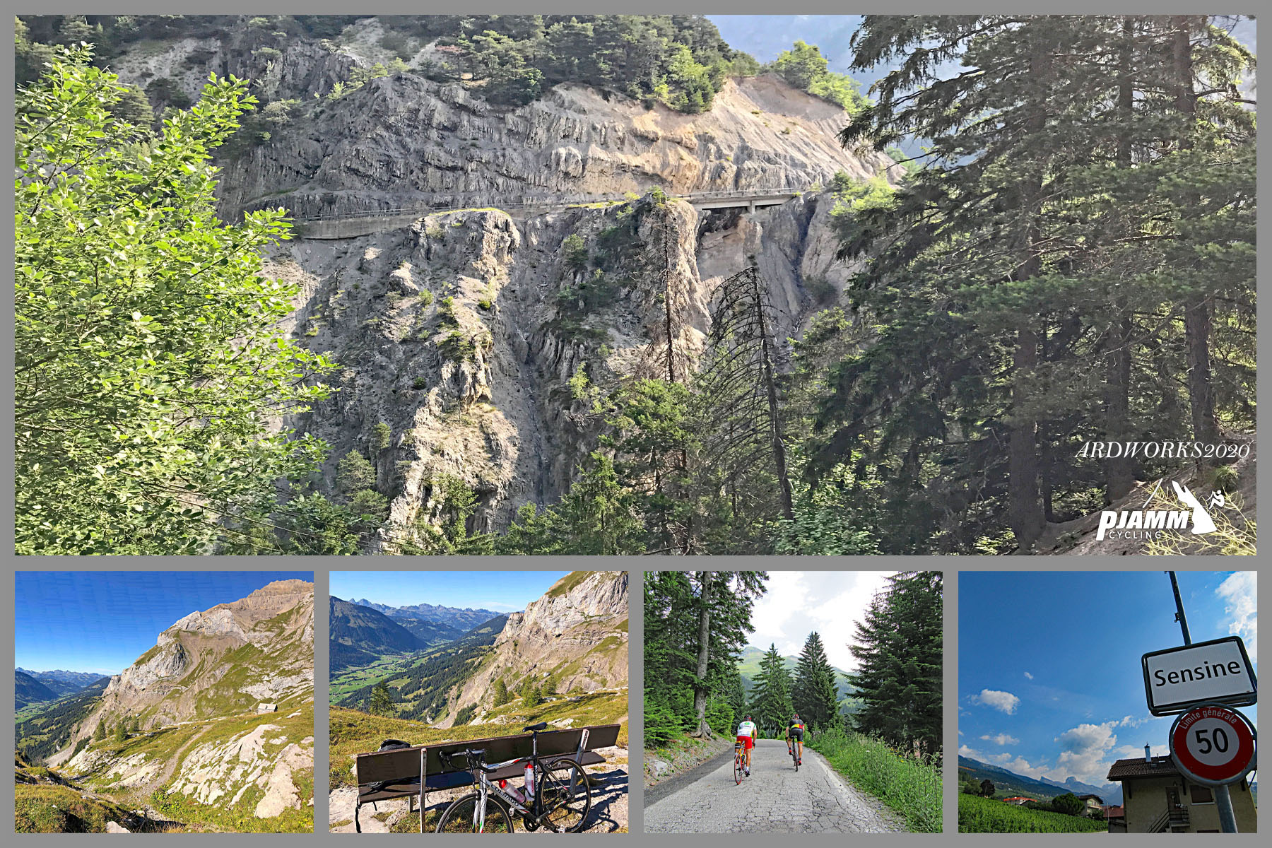 Cycling Sanetsch Pass, Switzerland - road sign for Sensine, swiss alps, road cut into rocky mountainside, cyclists on one-lane roadway