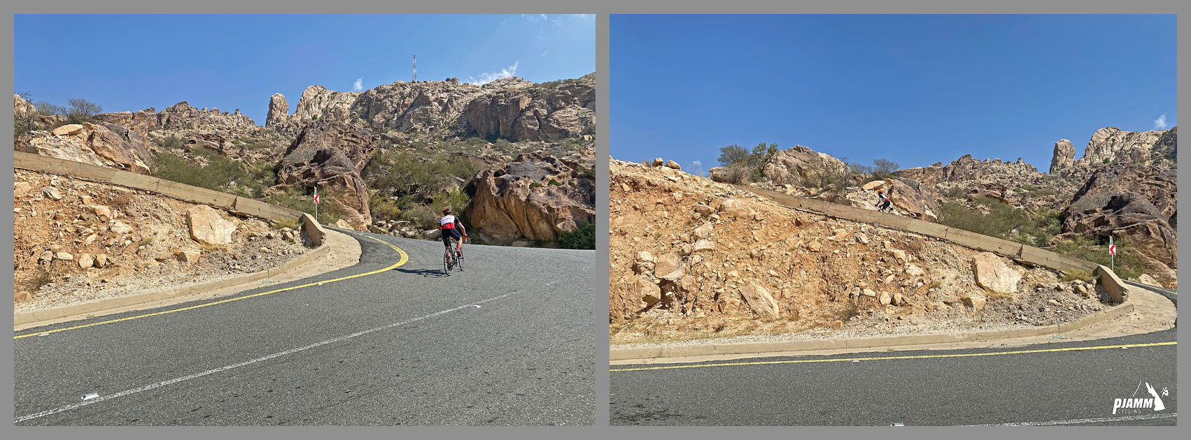Cycling Parmah Pass, Saudi Arabia - PJAMM Cyclist rides along hairpin curve in roadway