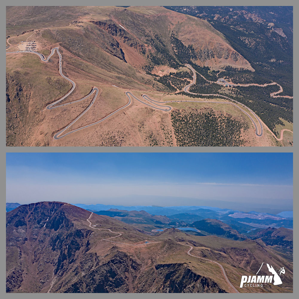 Cycling Pikes Peak - PJAMM Cycling logo in corner, aerial drone views of hairpins at top of ride