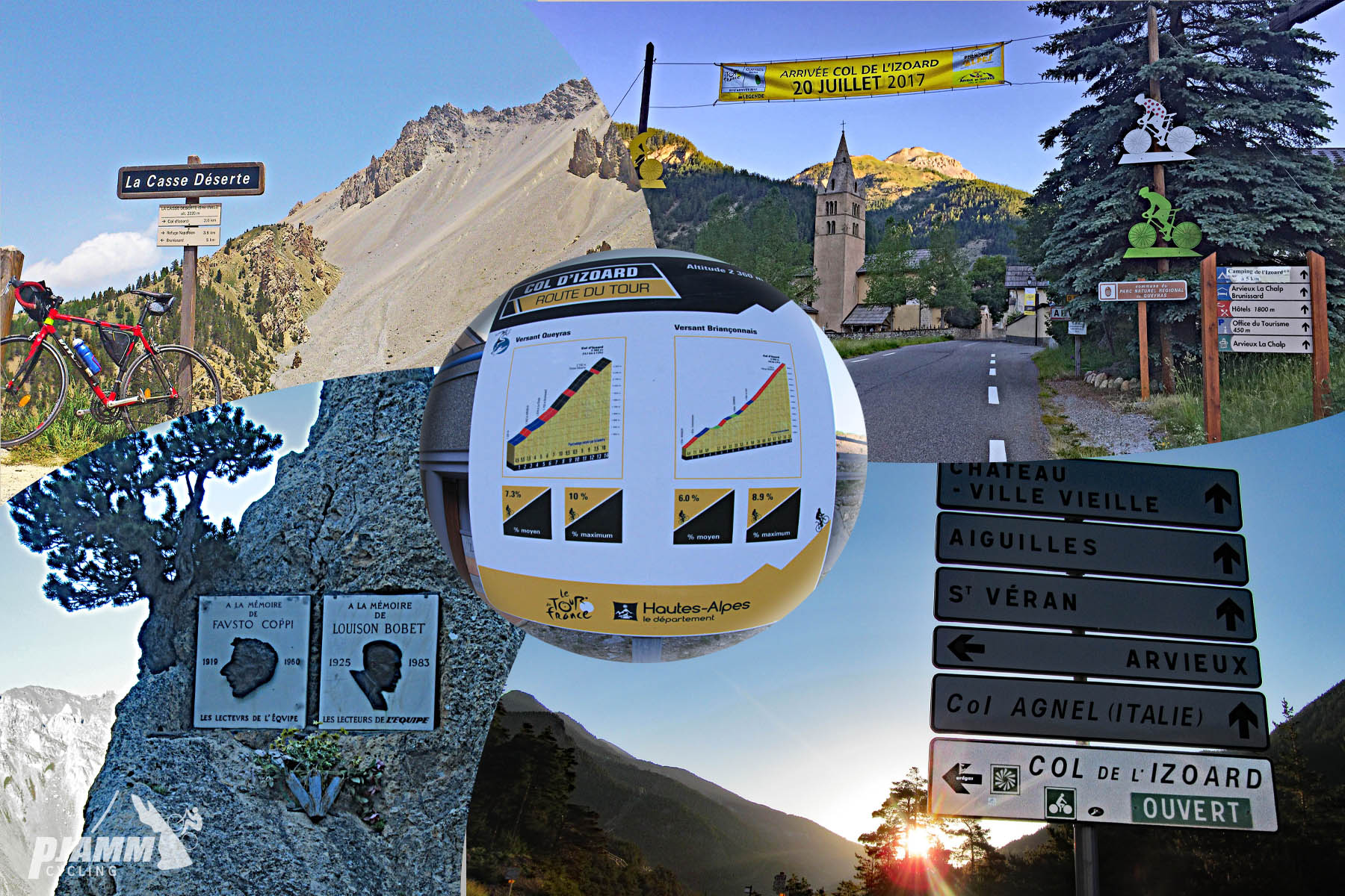 photo collage shows street signs, route overview signs, large yellow banner across roadway