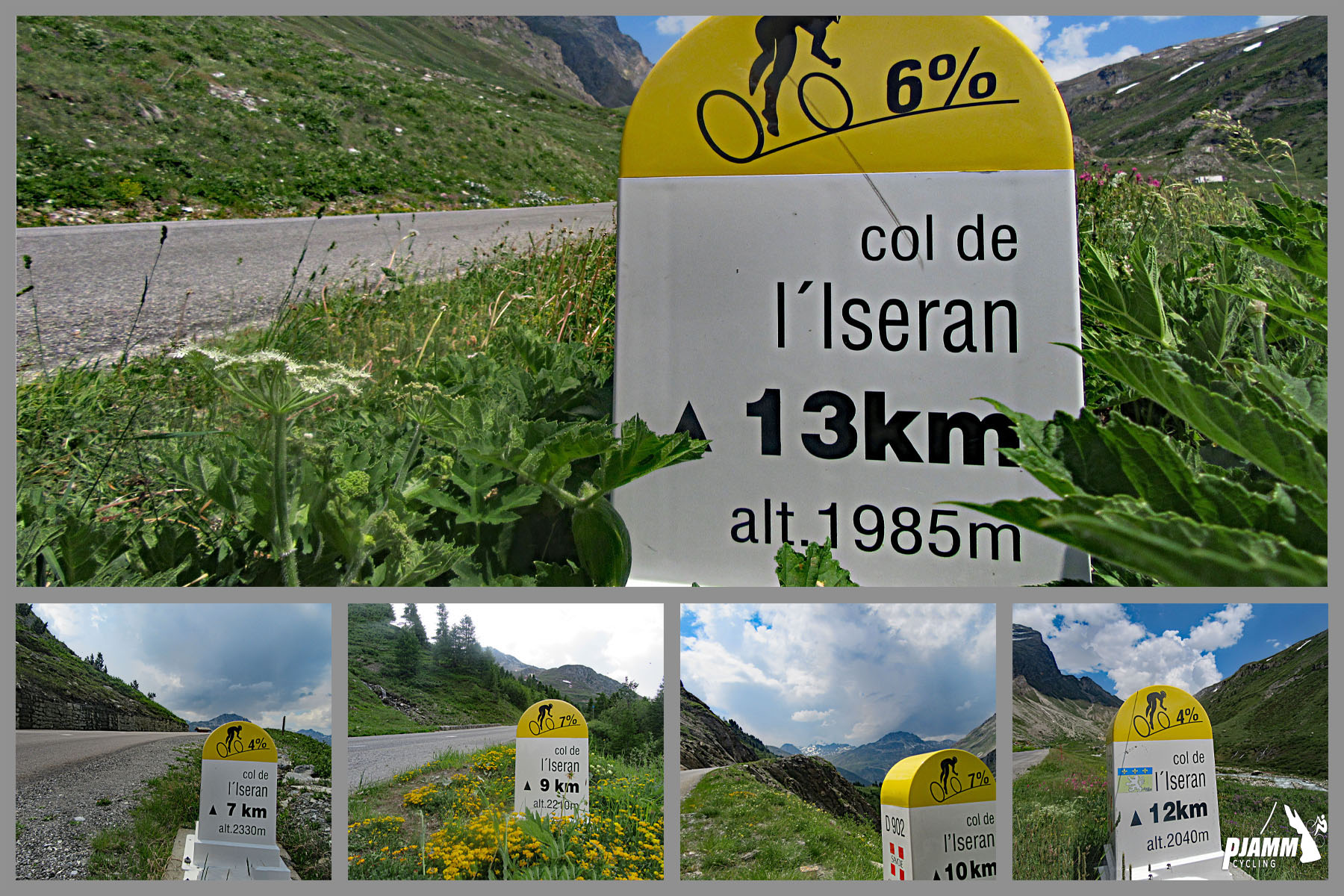 Cycling Col de L'Iseran: photo collage shows yellow and white km markers along route