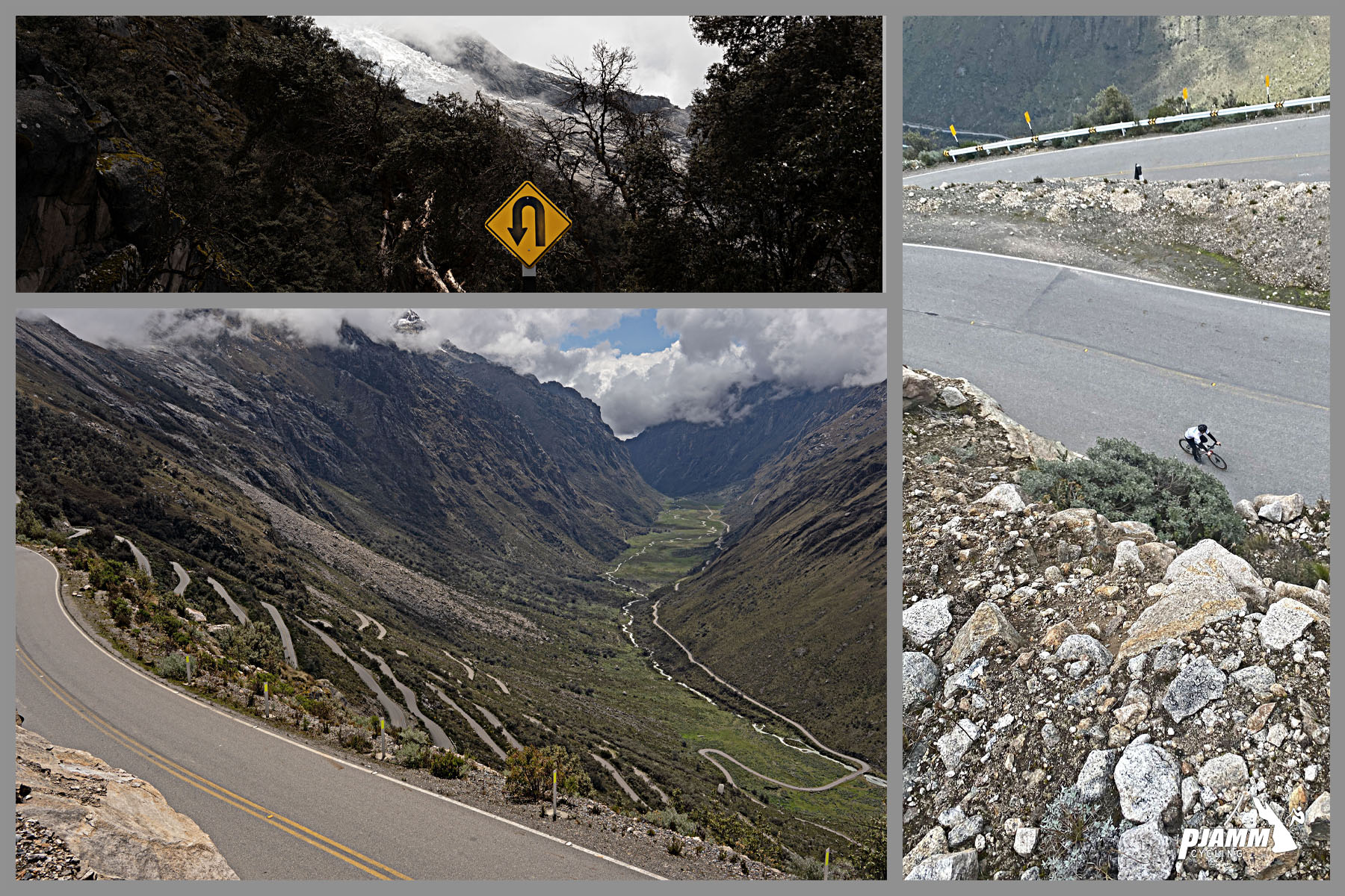 photo collage, aerial view shows PJAMM Cyclist climbing up hairpins in roadway, view looking down at the hairpins stacked atop each other on mountainside