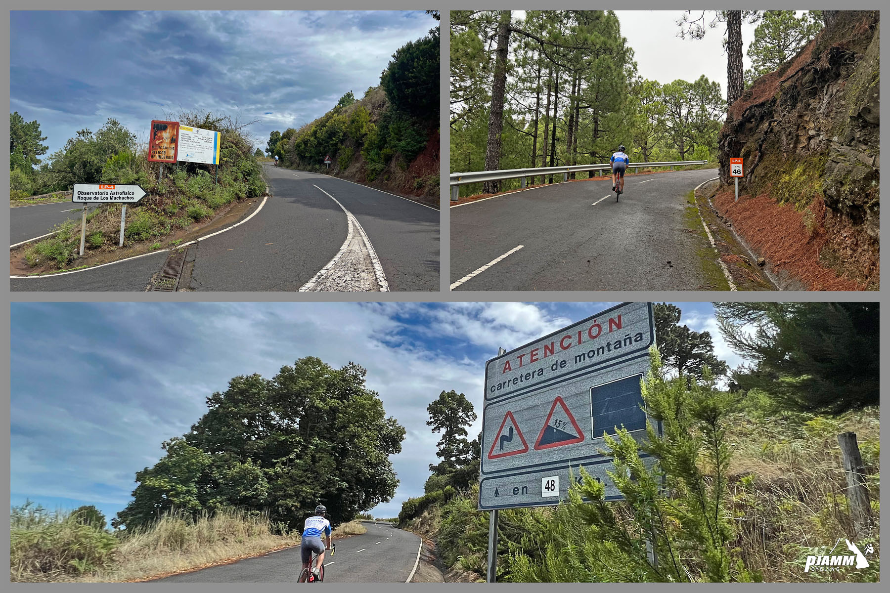 photo collage shows PJAMM cyclist riding on two-lane highway roadway, evergreen trees, sign reads "Atencion carretera de montana"