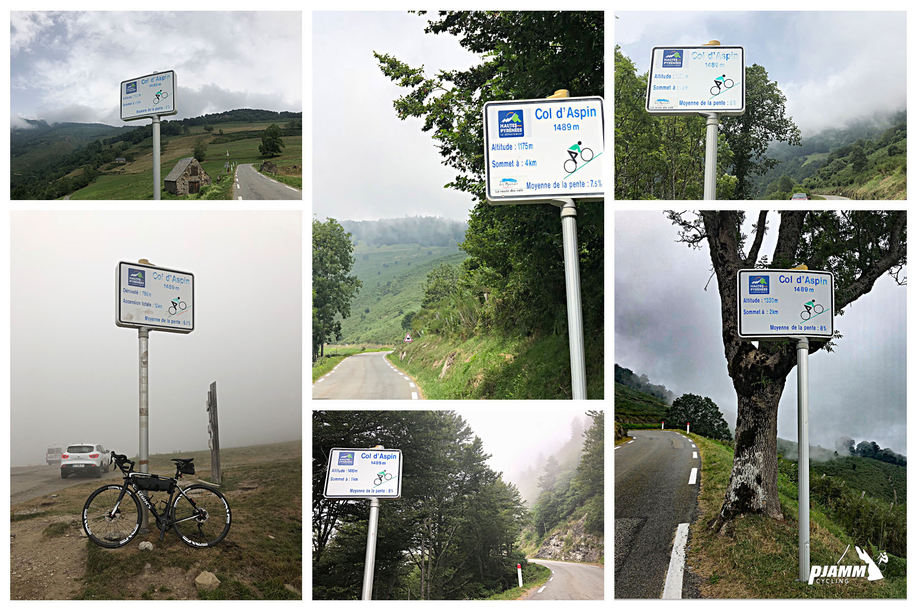 photo collage of kilometer markers on last 6 km of climb