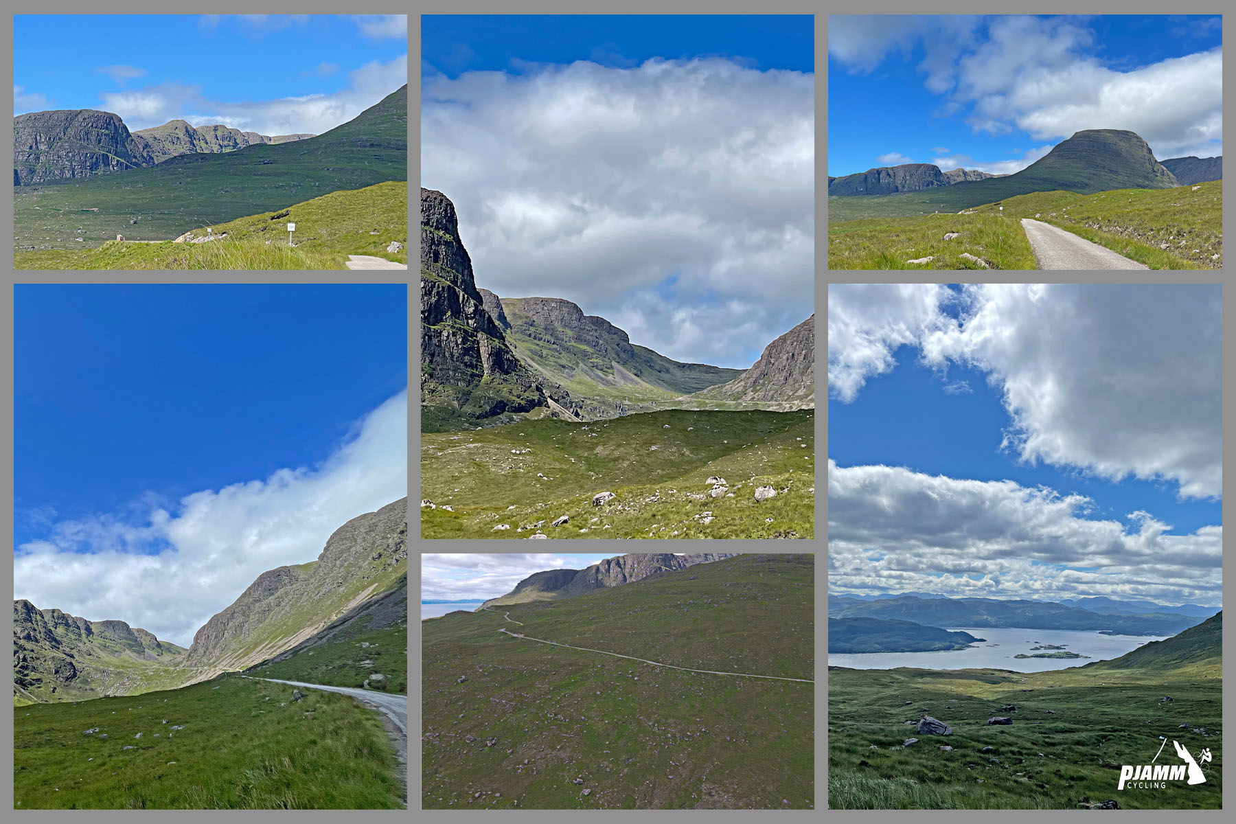 photo collage shows views of green pastureland, flat topped mountains, and water on middle section of climb