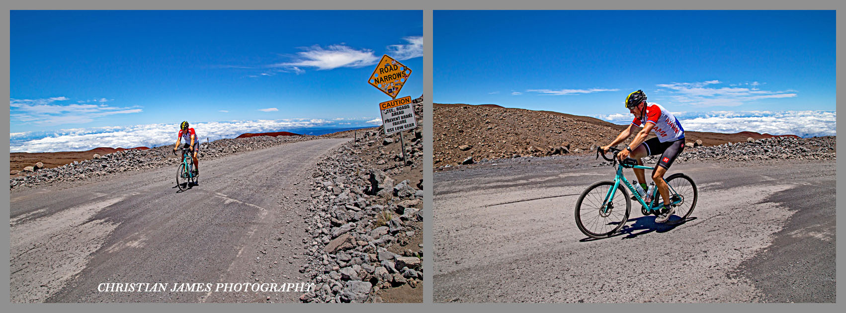 Cycling Mauna Kea from the West  - PJAMM Cyclist riding on paved portion of volcanic roadway