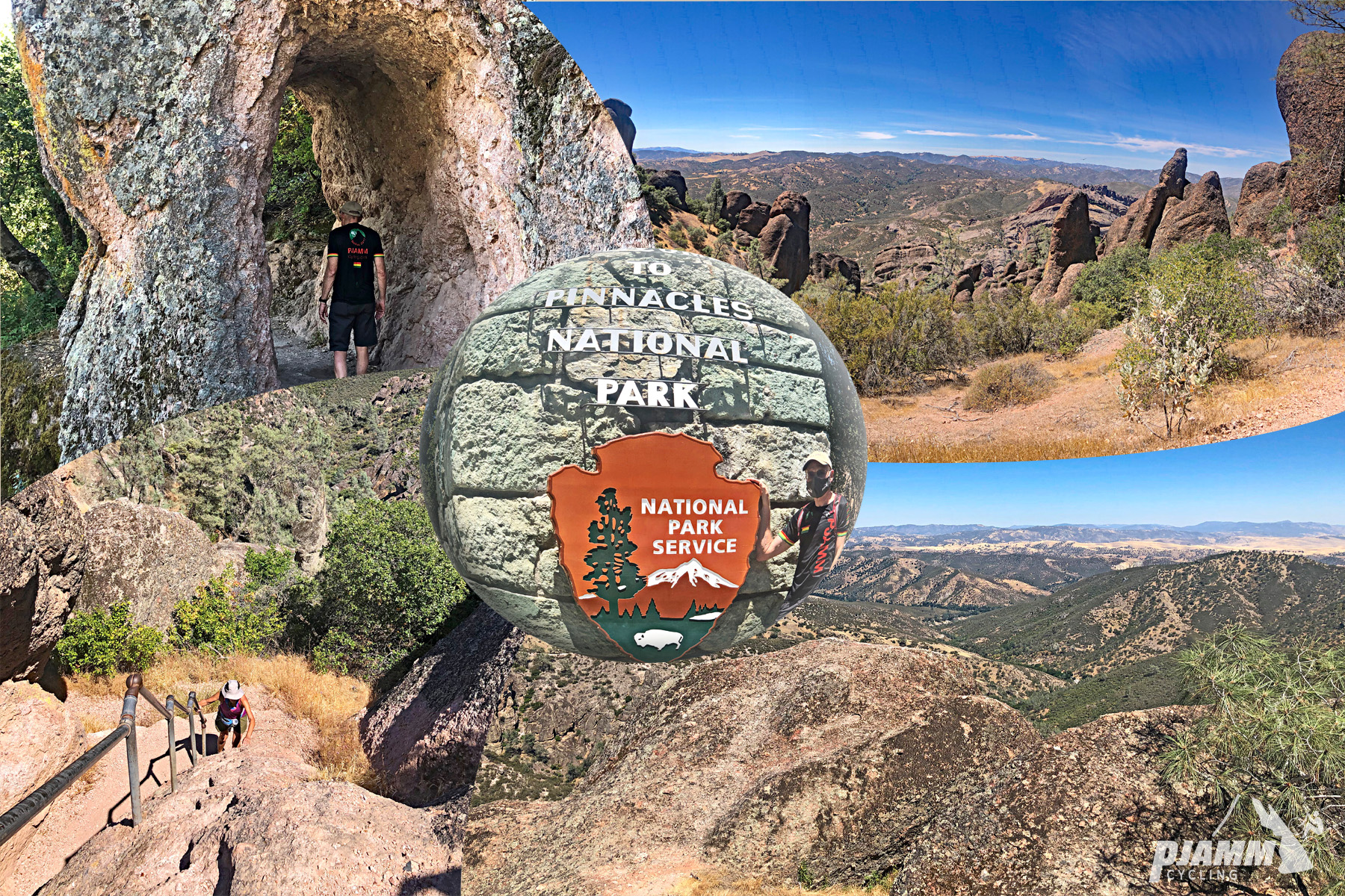 Cycling Pinnacles National Park, California - photo collage, PJAMM Cycling logo in corner, sign for Pinnacles National Park, views from High Peaks Trail, hikers climbing up stone staircases and through stone caves, views of hills from above