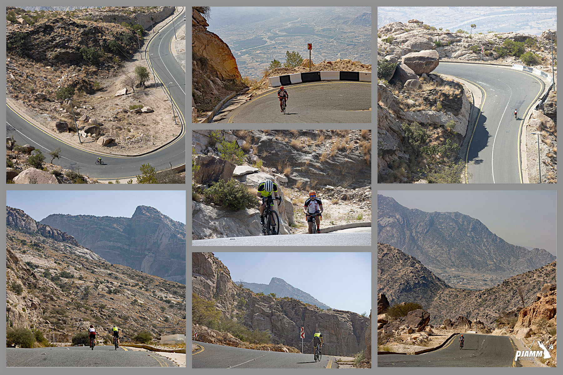Cycling Parmah Pass, Saudi Arabia - photo collage, views of two PJAMM Cyclists riding along the hairpin turns and steep grades of Parmah Pass, Asir Mountains, PJAMM Cycling logo in corner