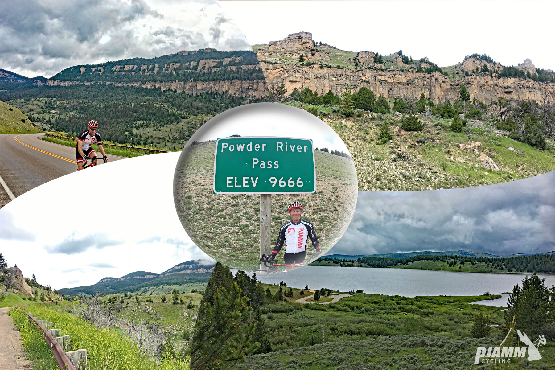 Cycling Wyoming's Top Climbs - Powder River Pass West, photo collage, gorgeous rock formations, cyclist riding on stretch of road surrounded by canyon lands, cyclist standing with bike in front of sign for Powder River Pass, Elevation 9666'